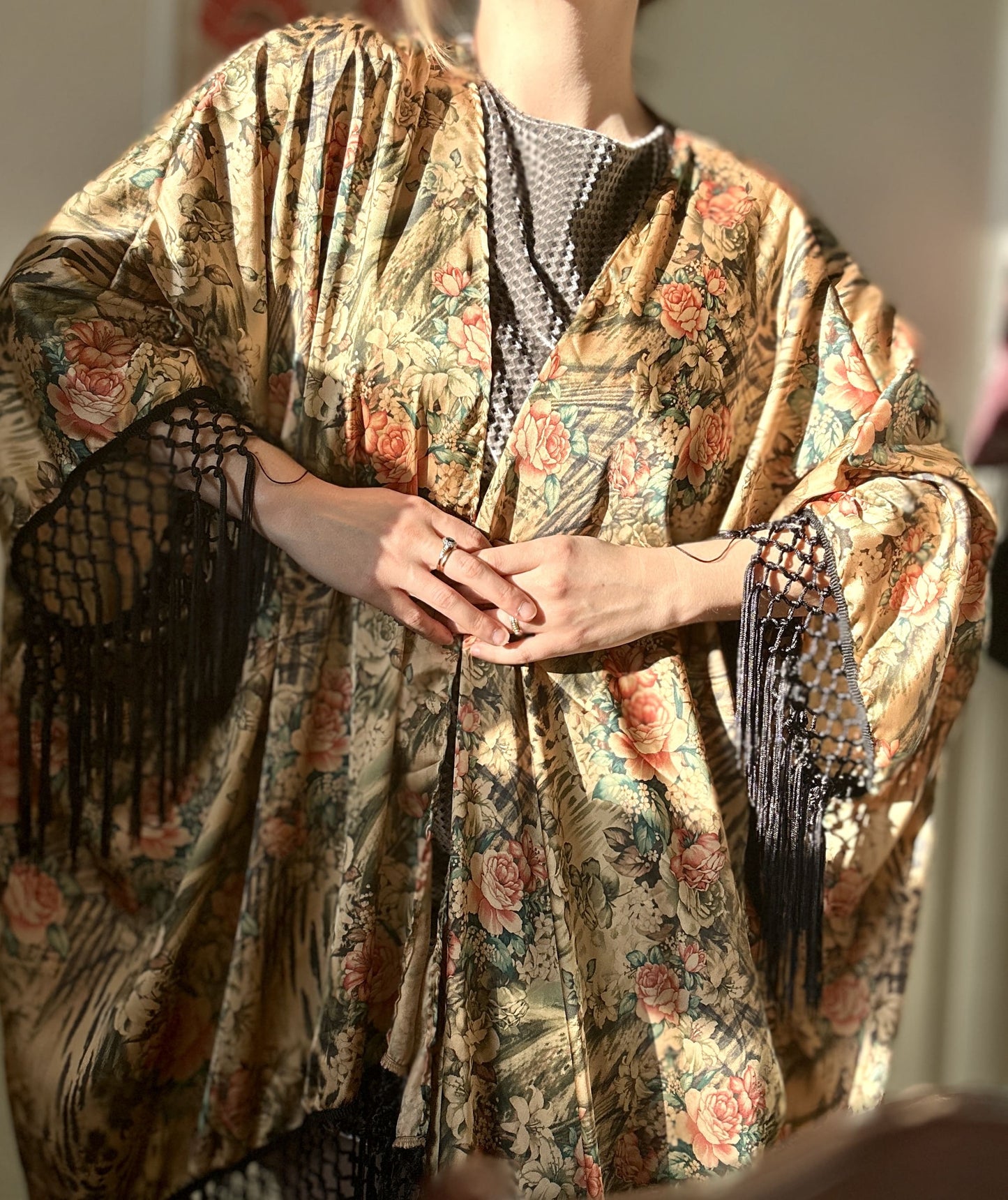 boho satin fringe kimono in neutral tones