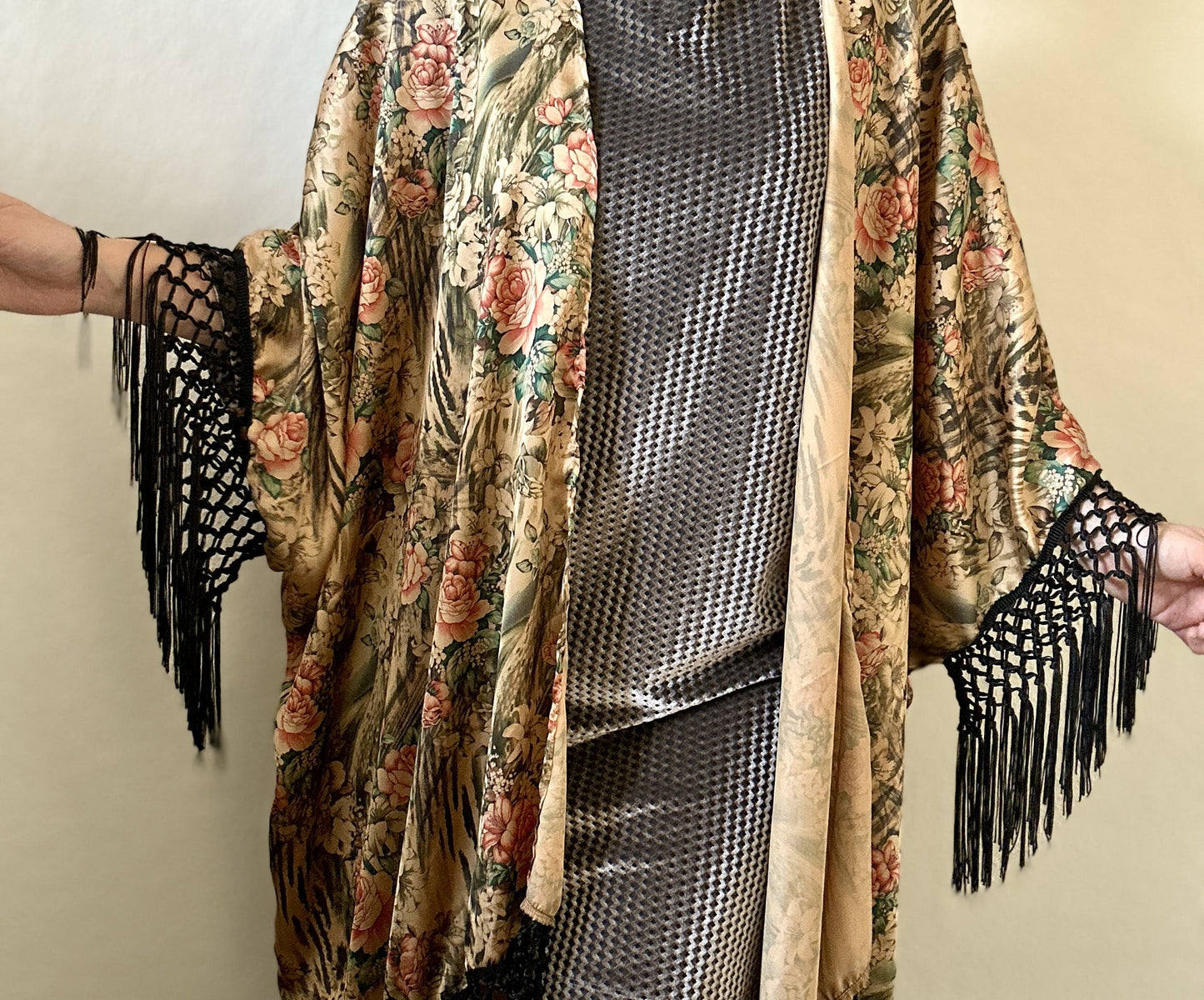 boho satin fringe kimono in neutral tones