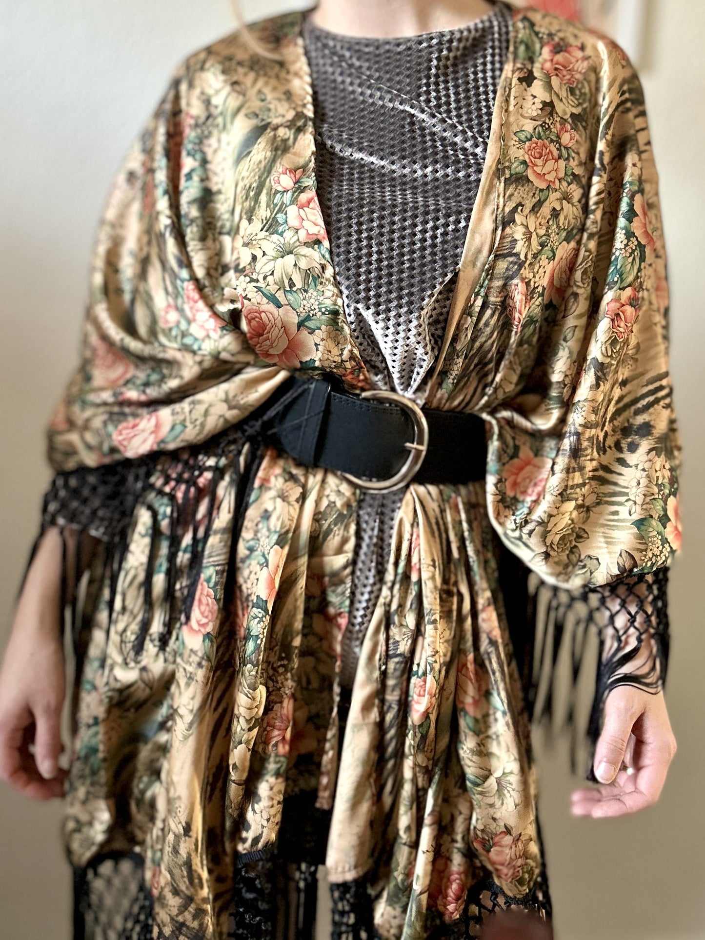 boho satin fringe kimono in neutral tones