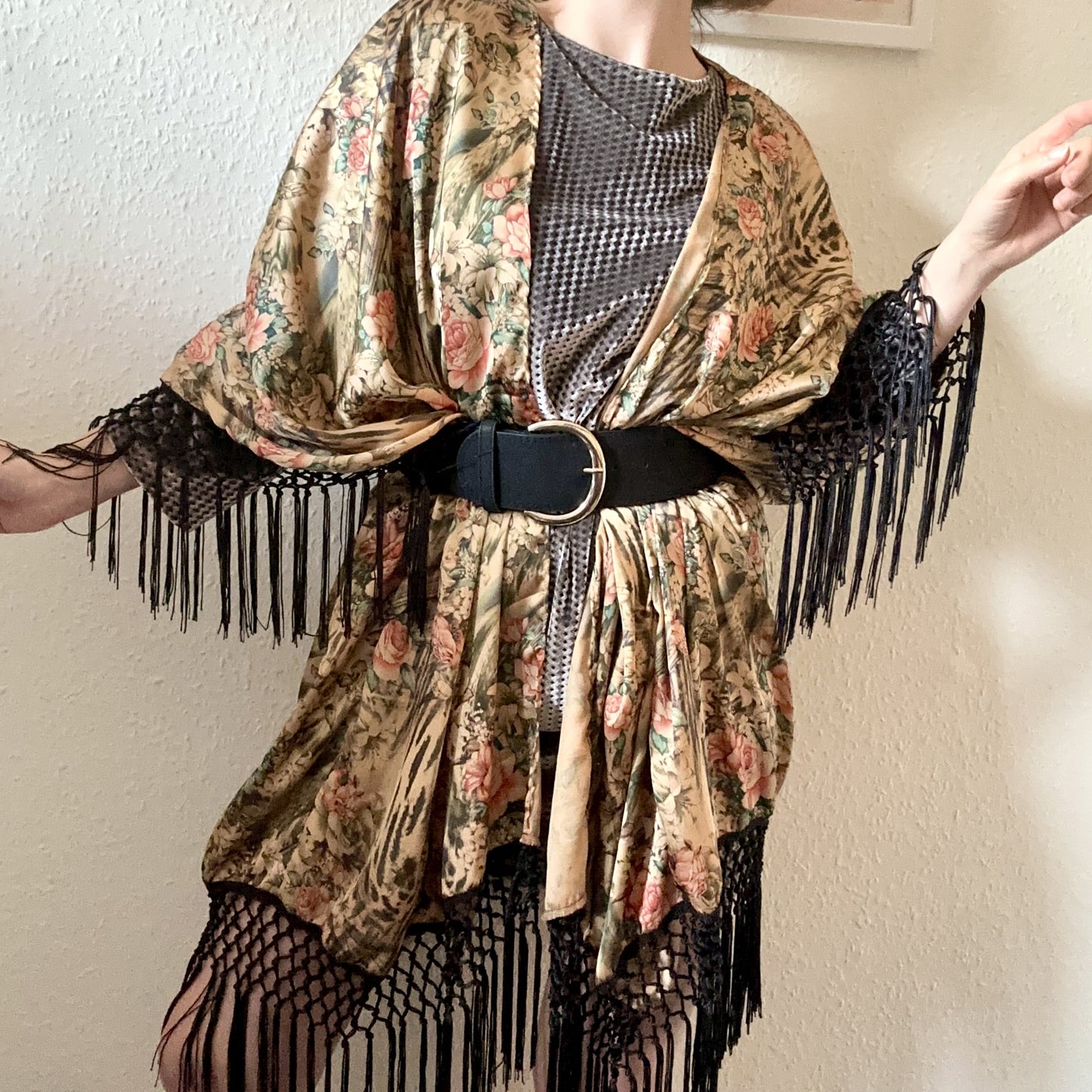 boho satin fringe kimono in neutral tones