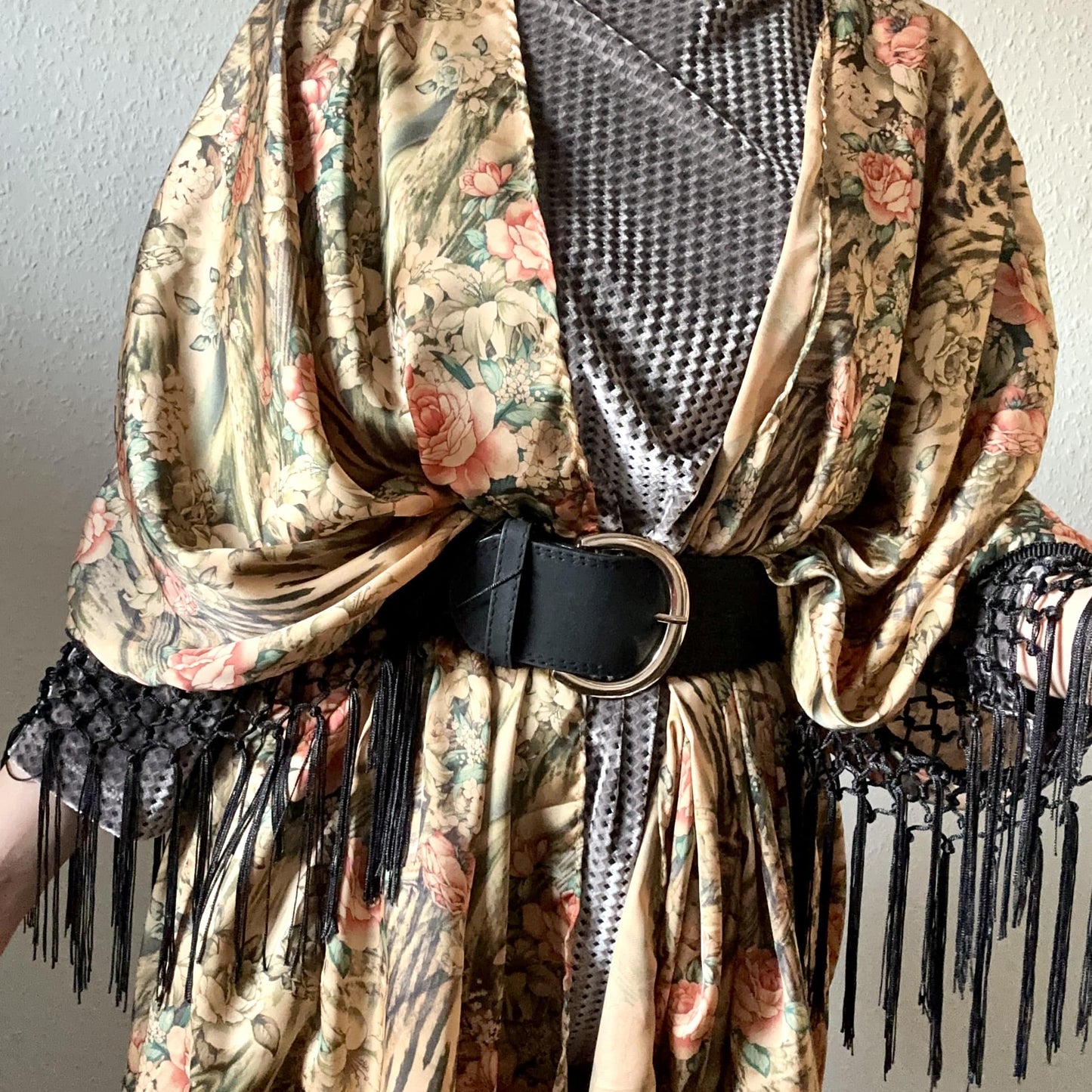 boho satin fringe kimono in neutral tones