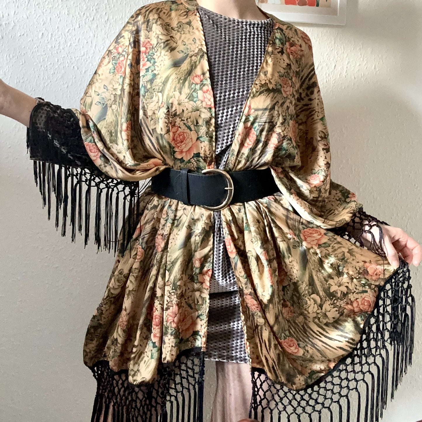 boho satin fringe kimono in neutral tones
