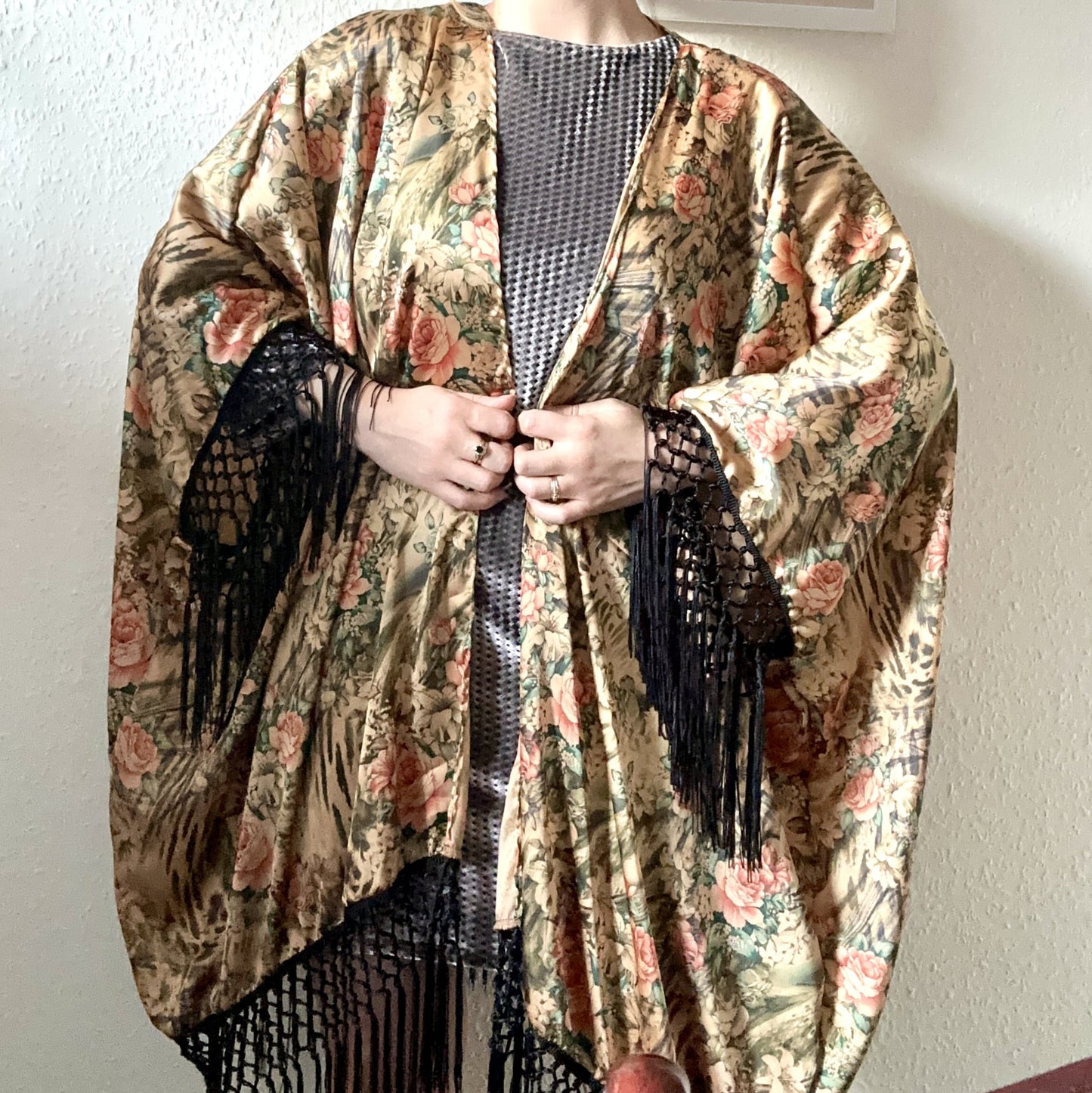 boho satin fringe kimono in neutral tones