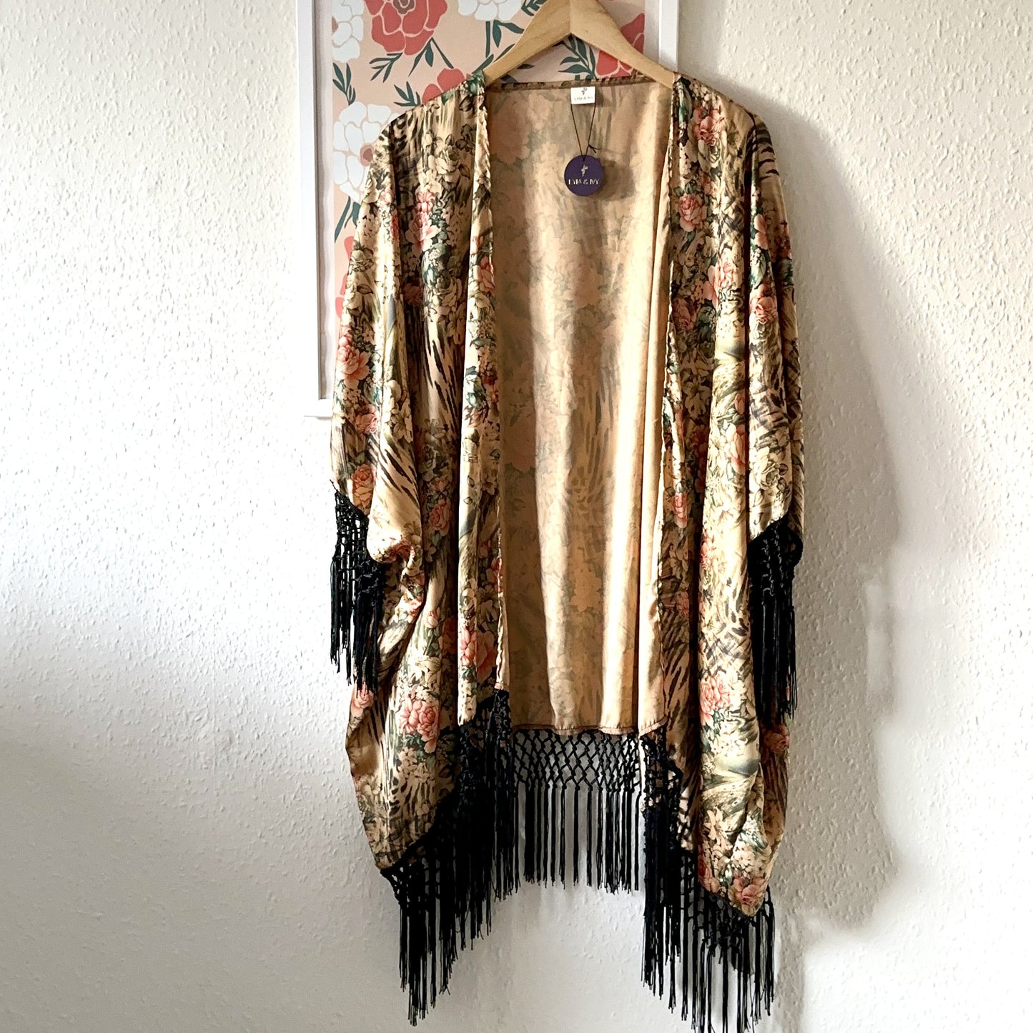 boho satin fringe kimono in neutral tones