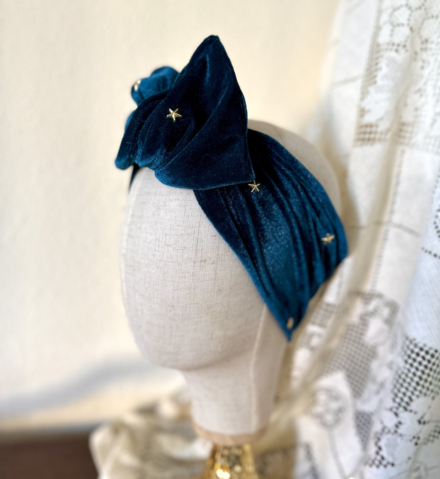Teal velvet star studded wire headband
