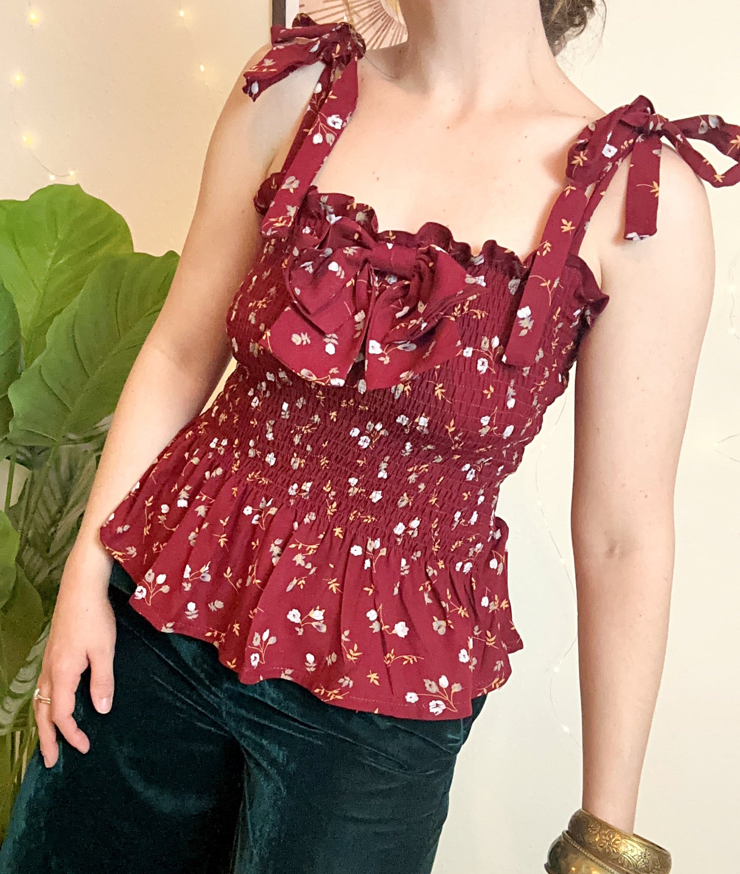 Elsie shirred peplum bow top in burgundy - UK 8/10