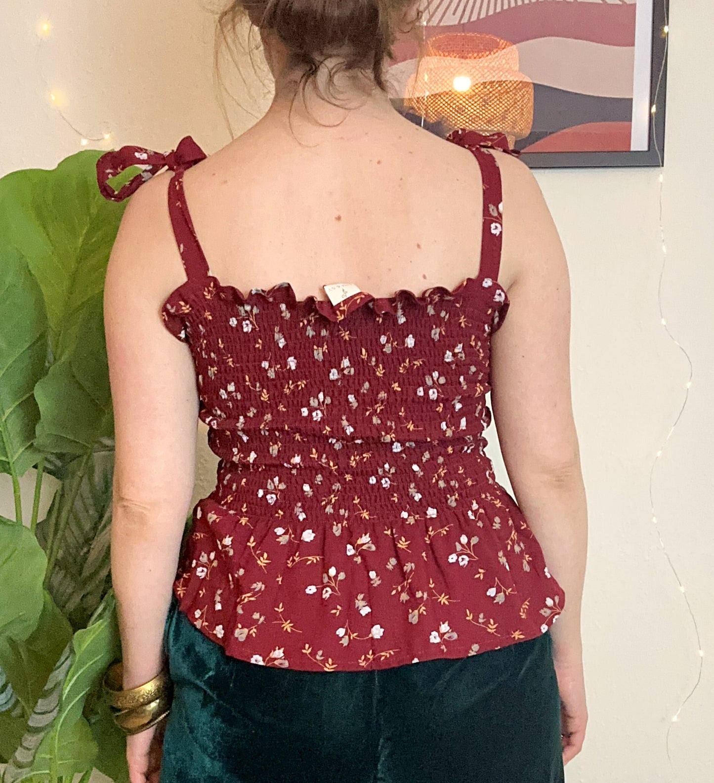Elsie shirred peplum bow top in burgundy - UK 8/10