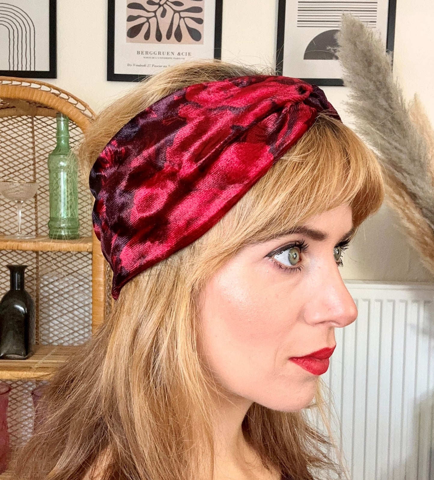 Velvet turban twist knot headband - black/red