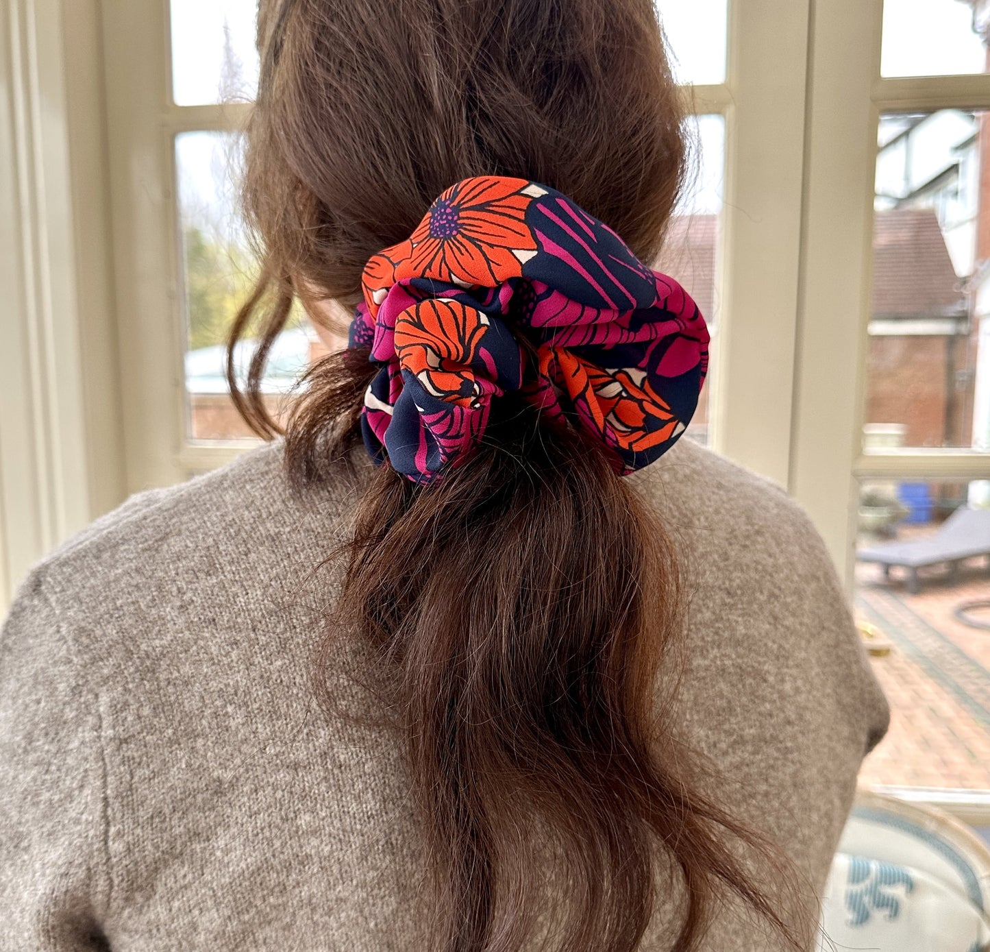 Large floral print hair scrunchie in pink and orange