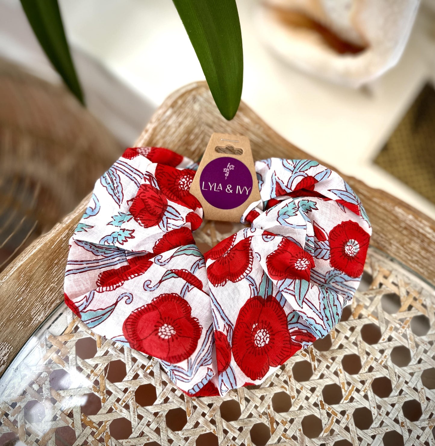 Giant block printed floral scrunchies in white and red