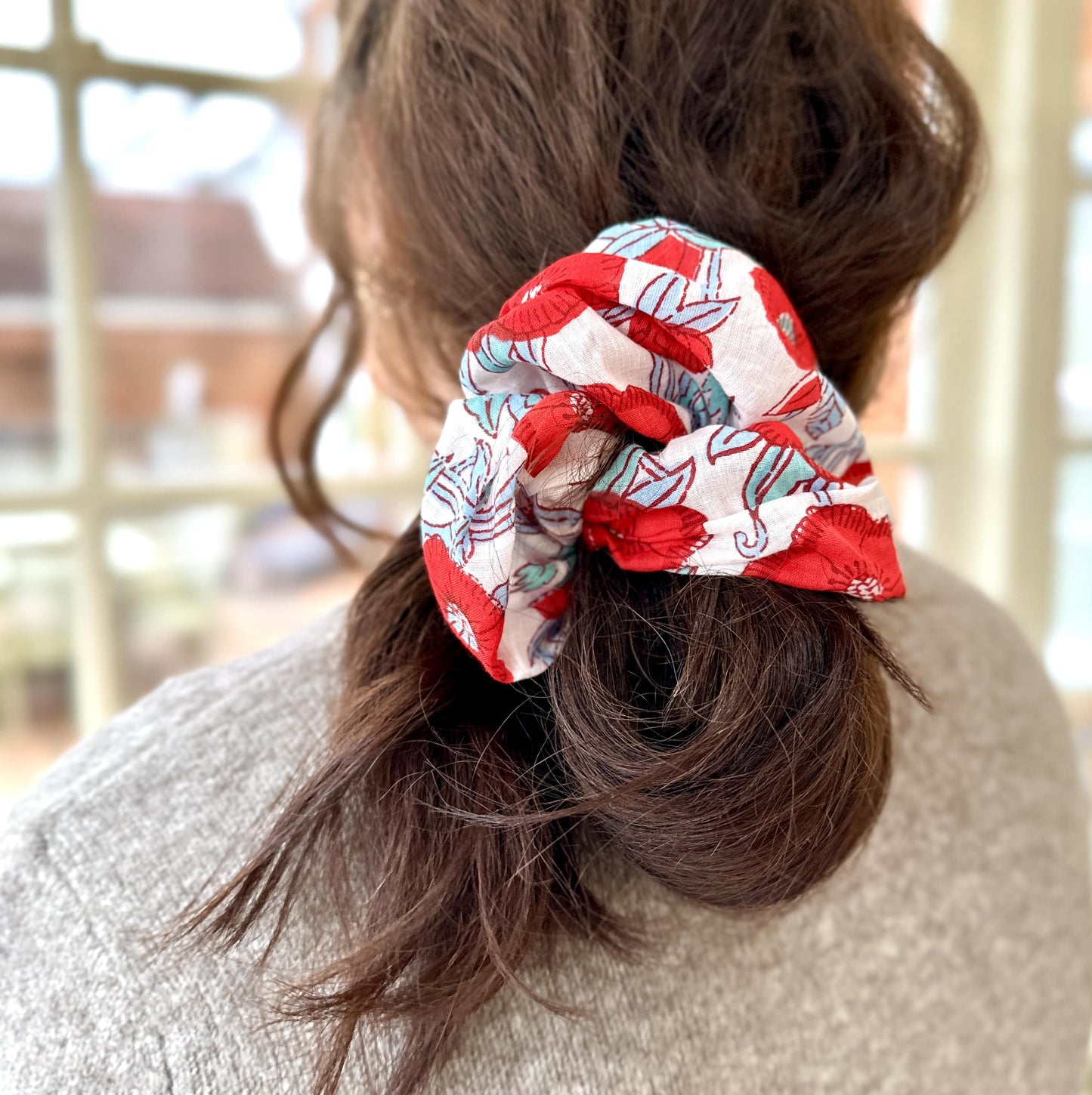 Giant block printed floral scrunchies in white and red