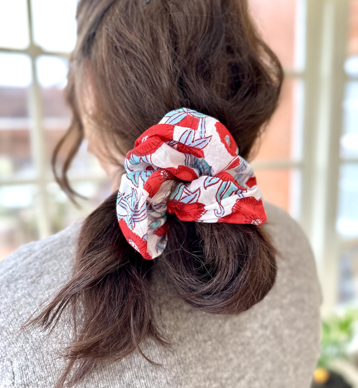 Giant block printed floral scrunchies in white and red
