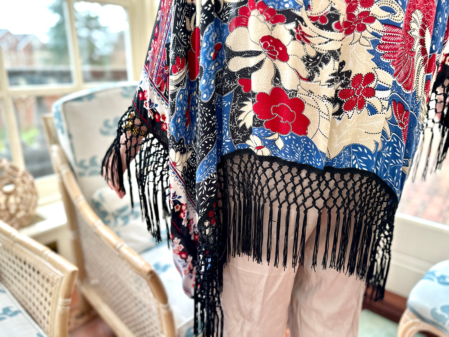 Peacock print boho tassel kimono