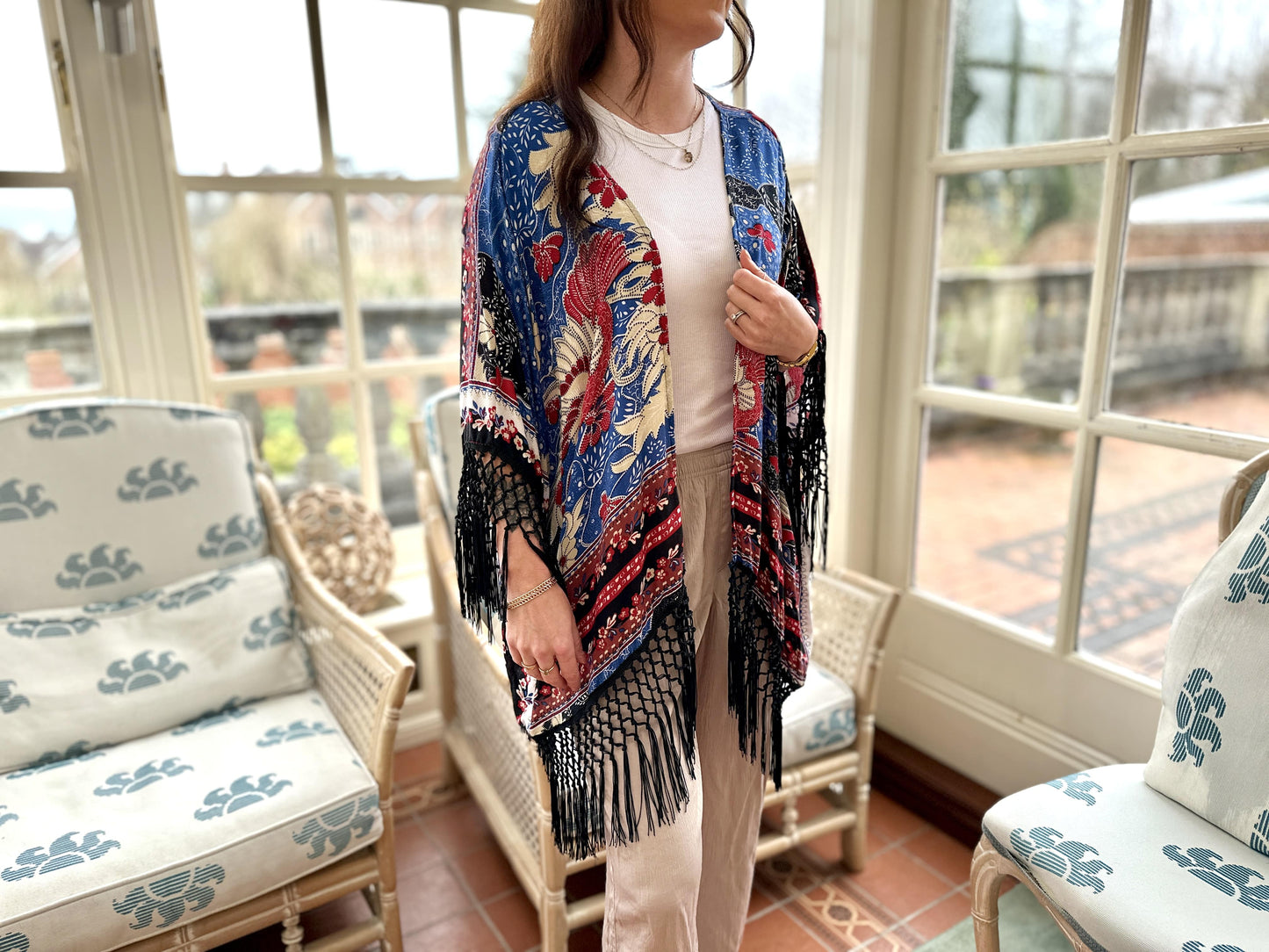 Peacock print boho tassel kimono