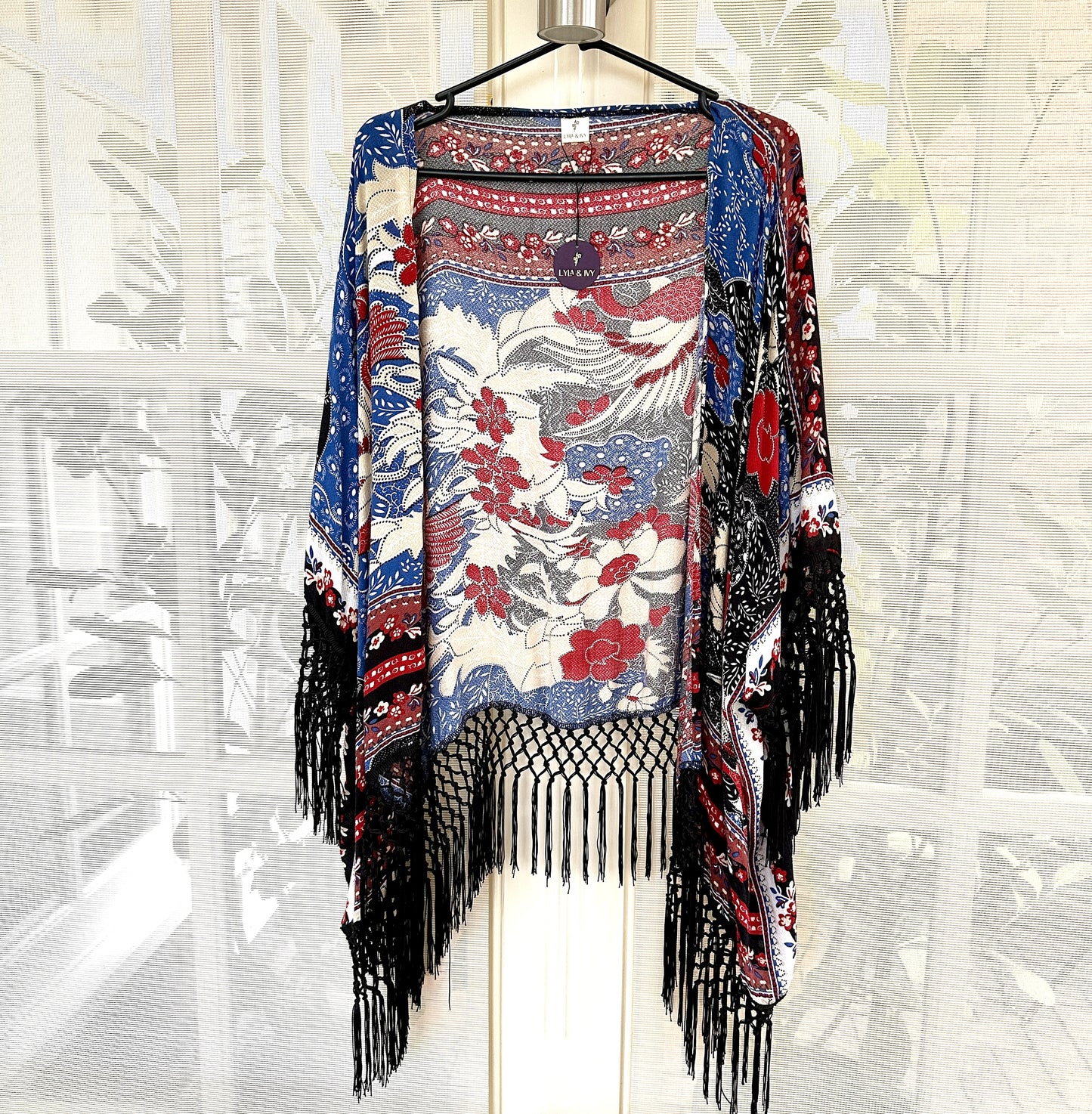 Peacock print boho tassel kimono