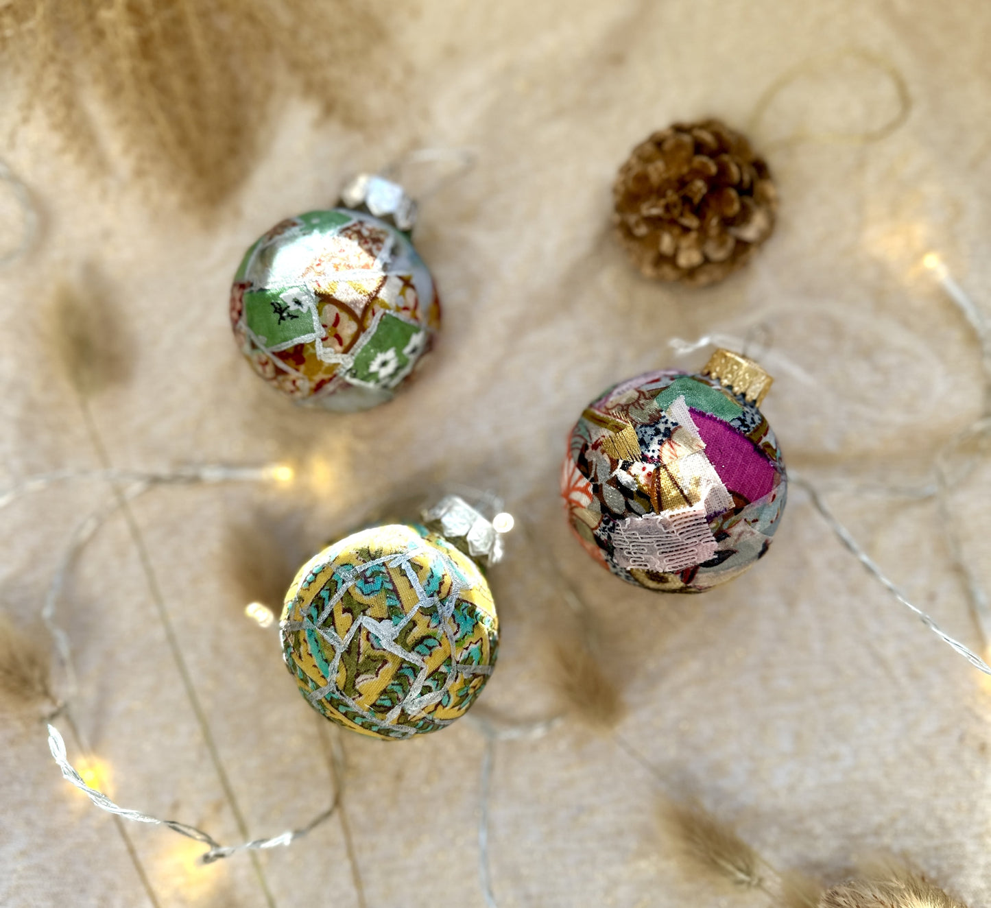 set of 3 colourful fabric baubles