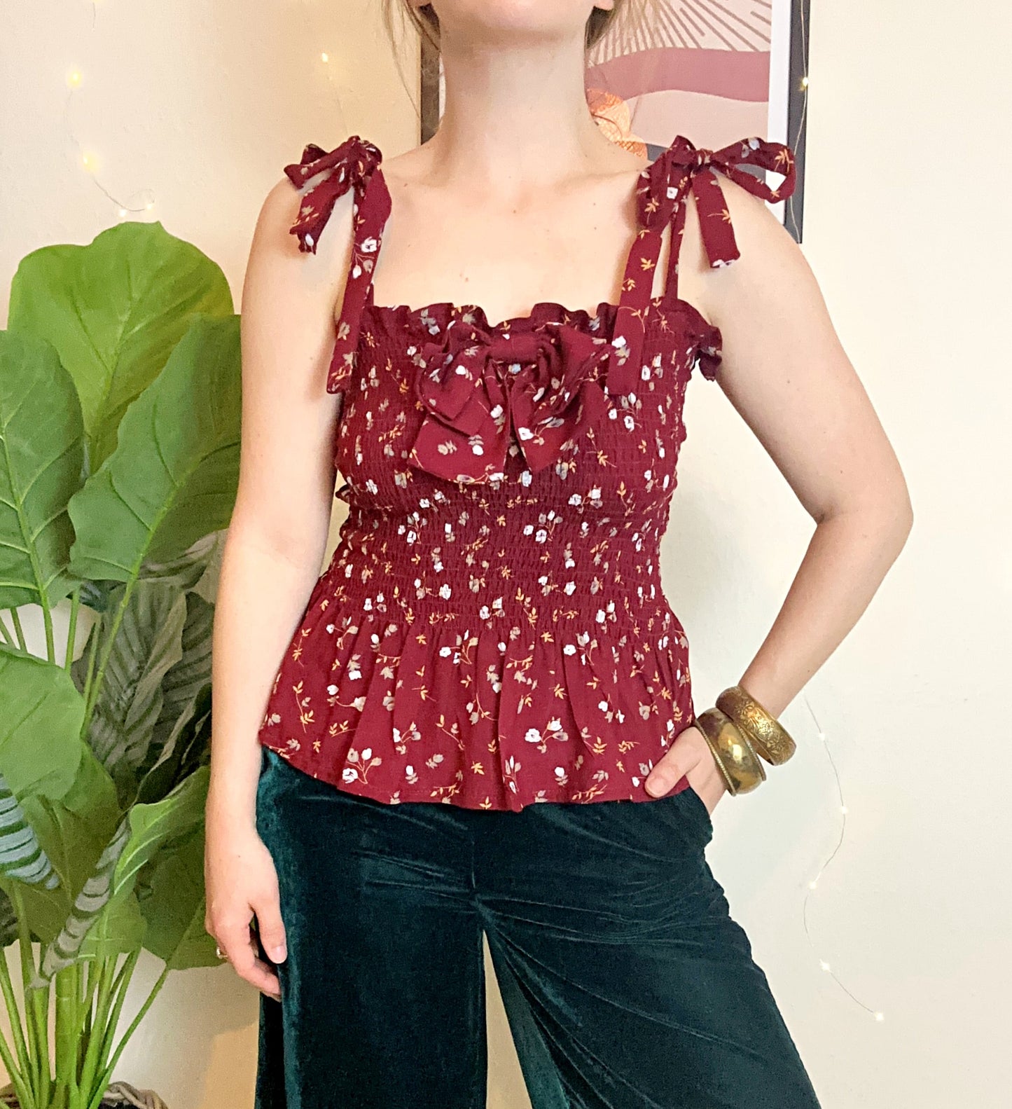 Elsie shirred peplum bow top in burgundy - UK 8/10