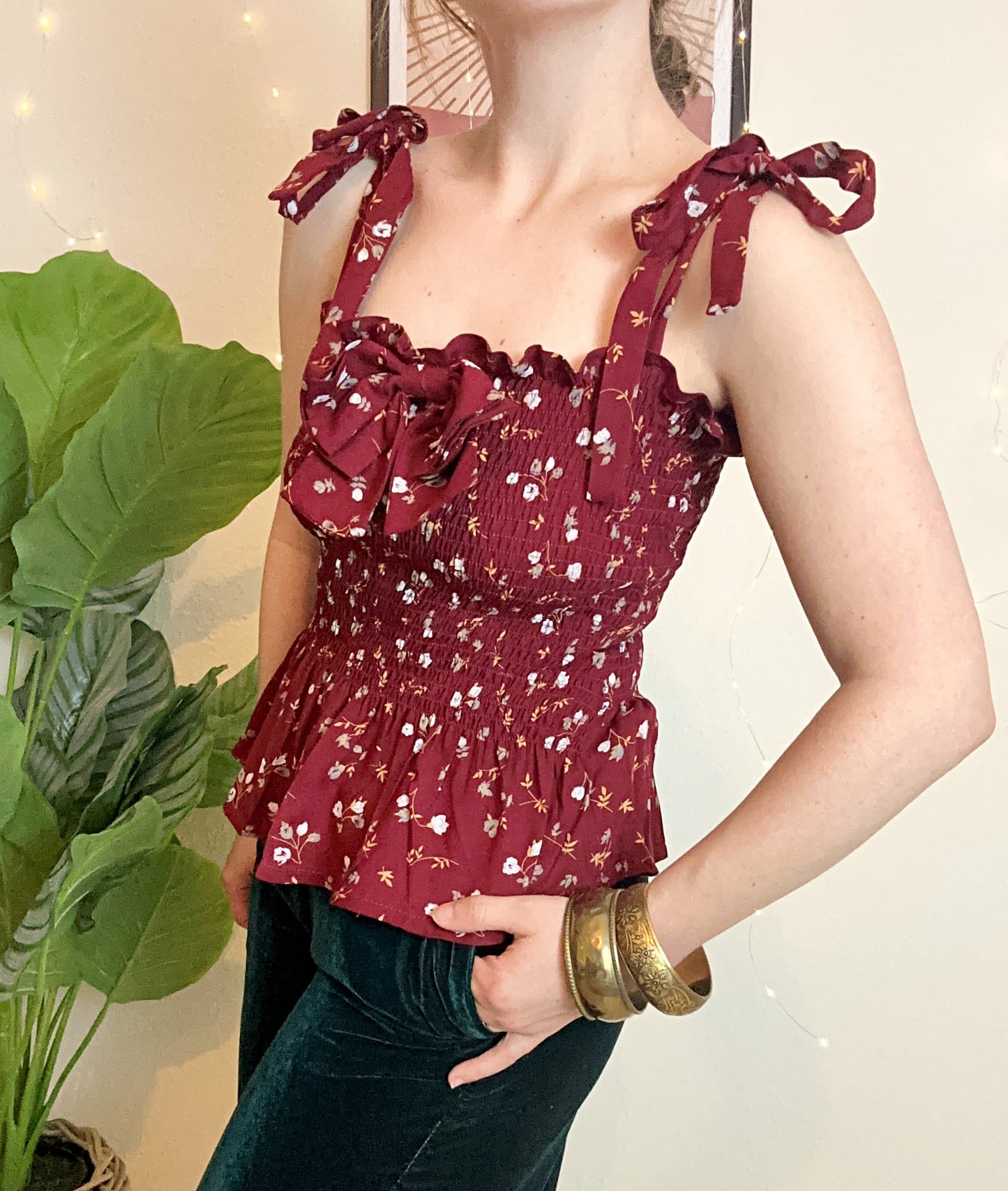 Elsie shirred peplum bow top in burgundy - UK 8/10