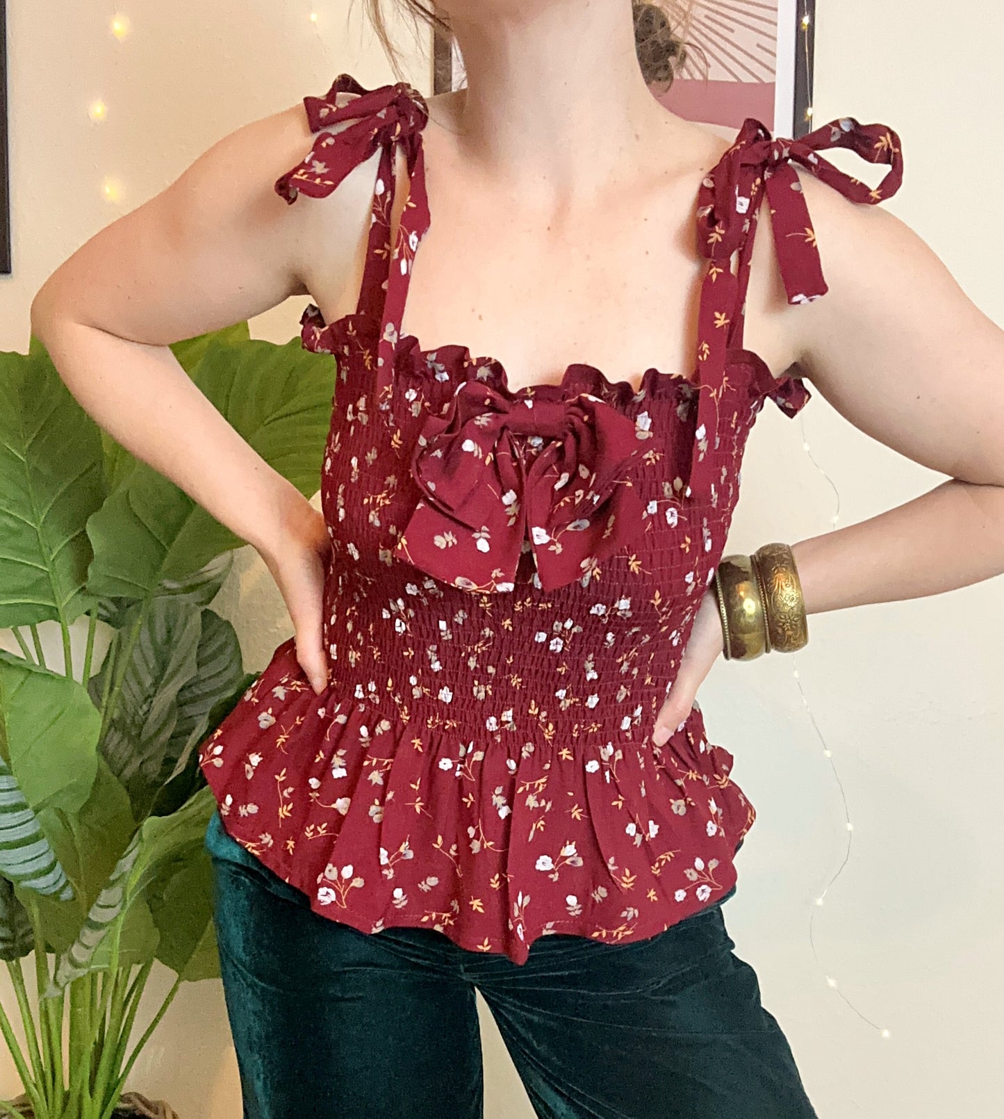 Elsie shirred peplum bow top in burgundy - UK 8/10