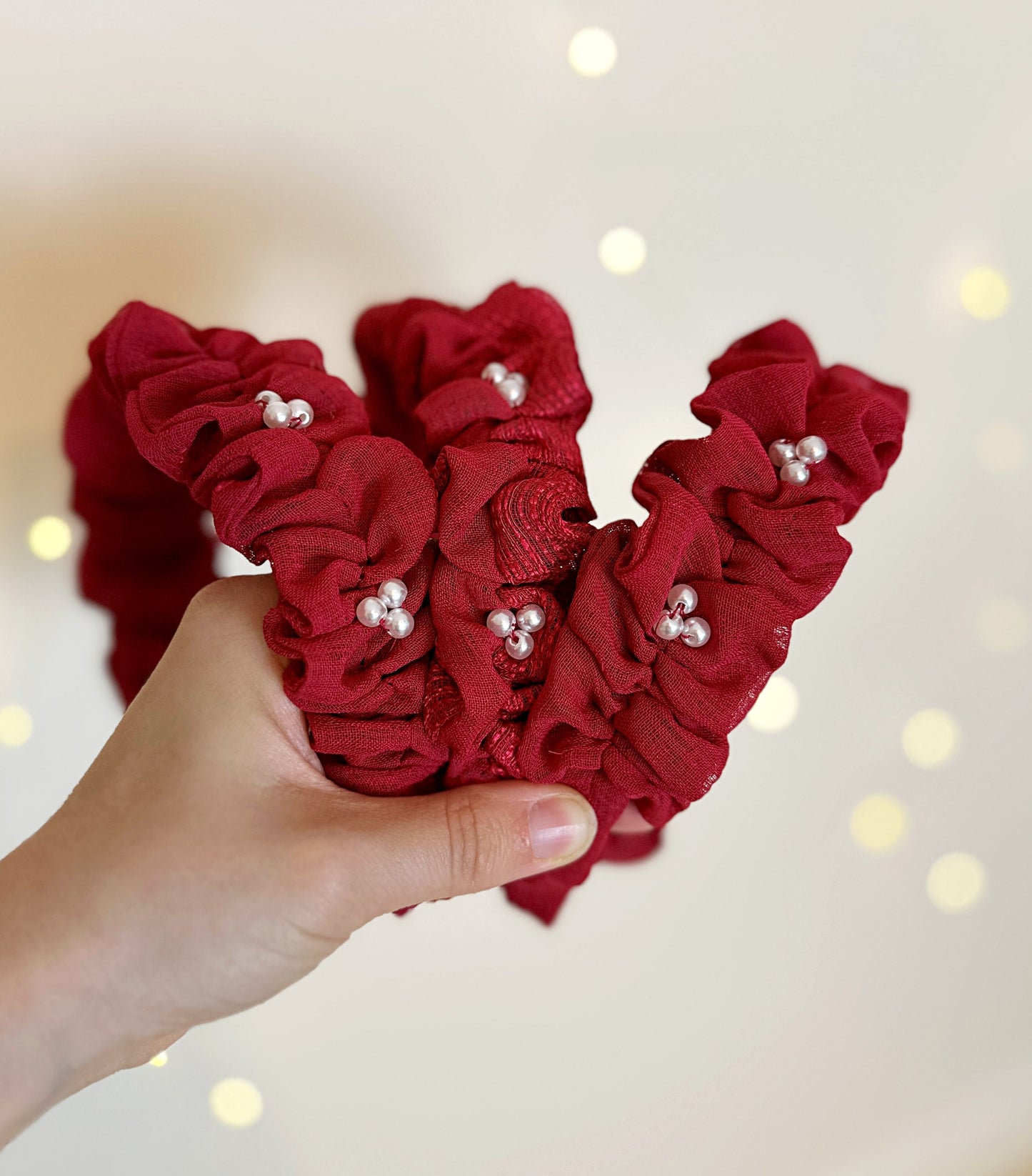 Red pearl beaded ruffle crown headband