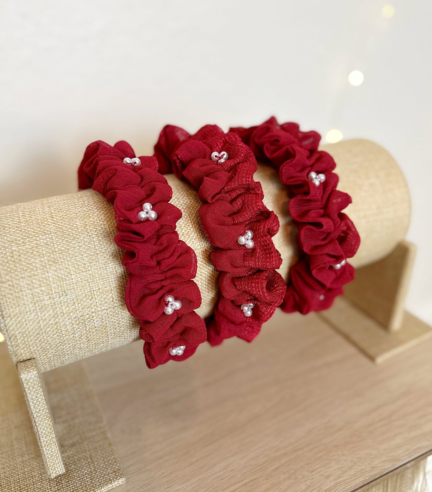 Red pearl beaded ruffle crown headband