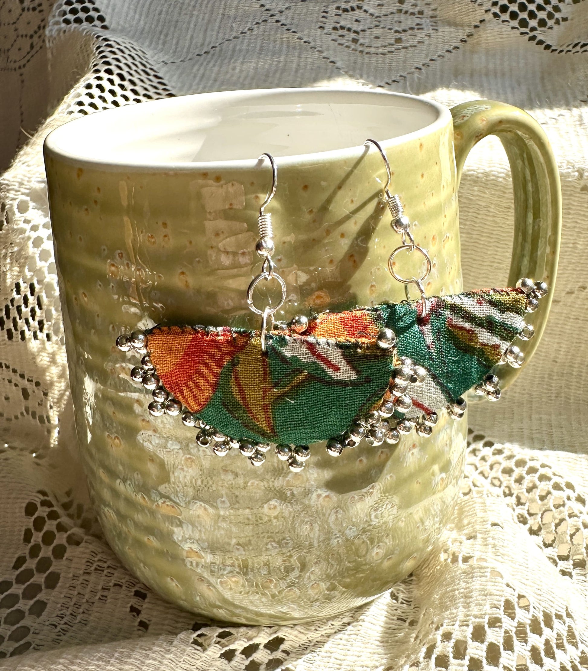 Green boho floral fabric earrings with silver findings
