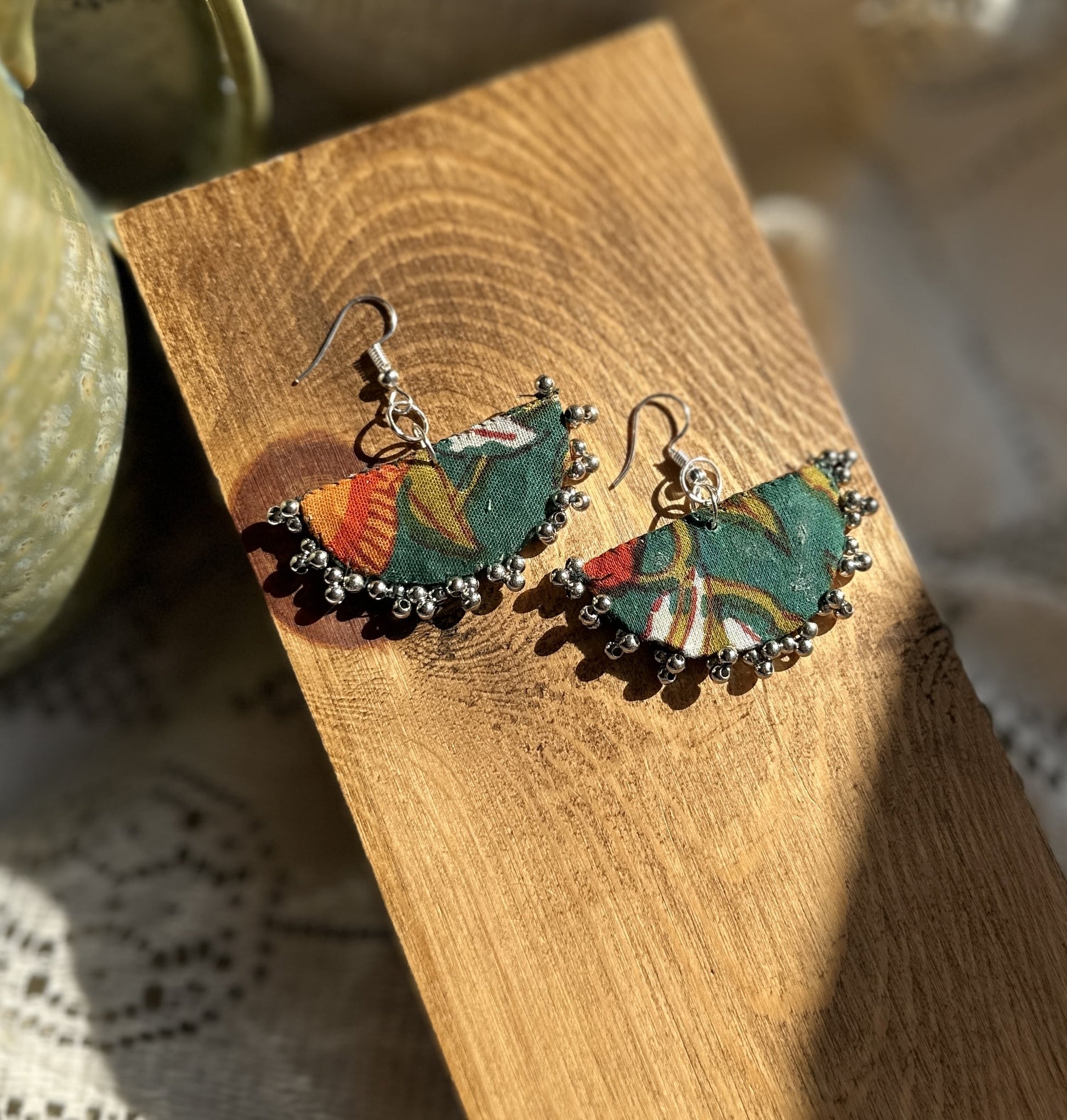 Green boho floral fabric earrings with silver findings