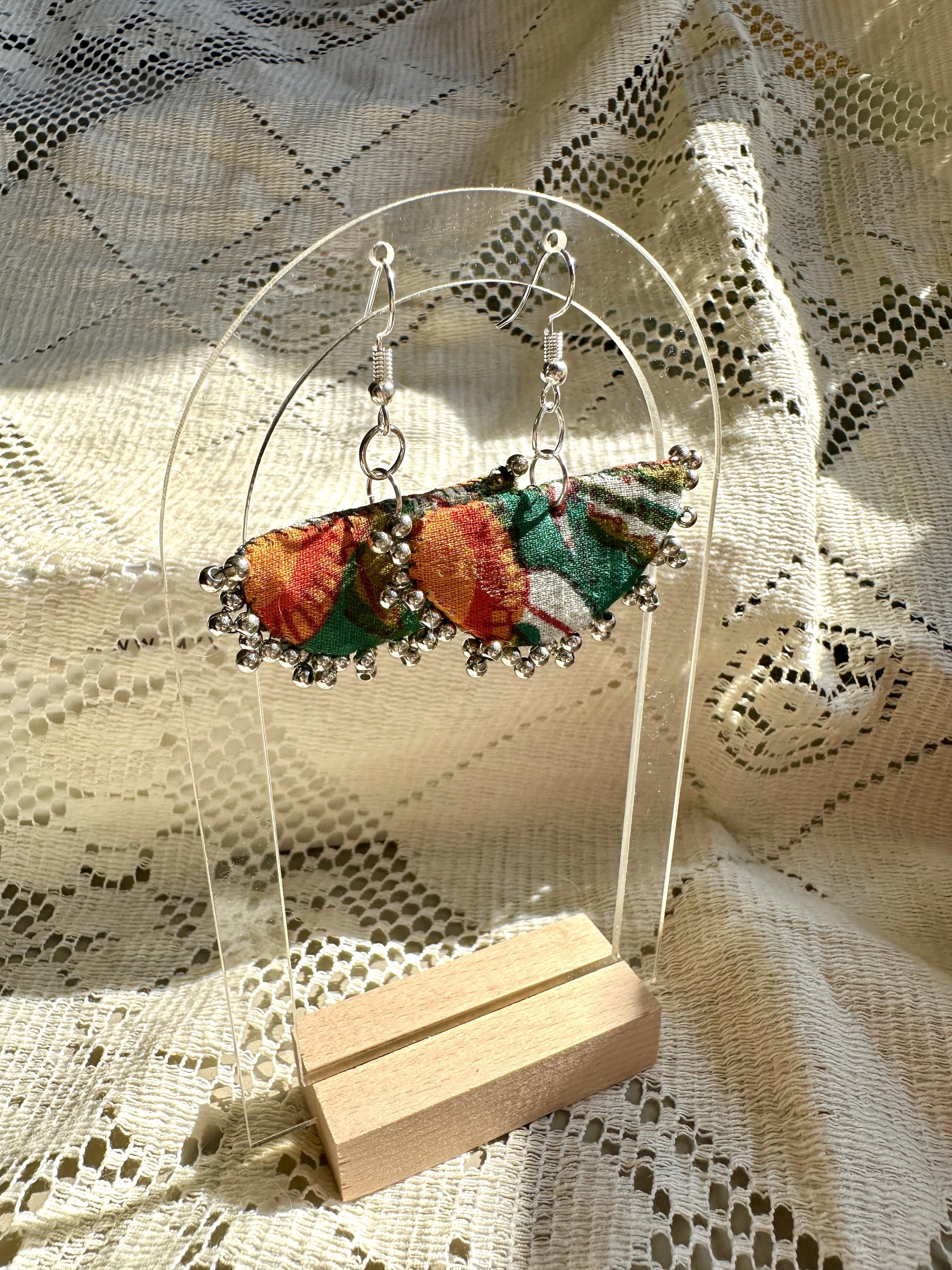 Green boho floral fabric earrings with silver findings