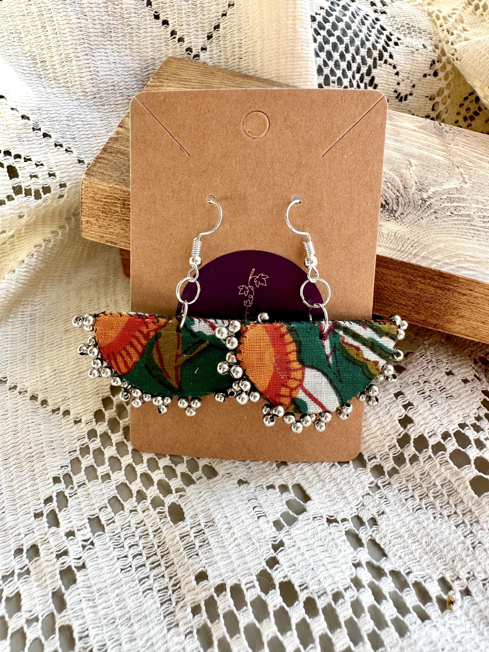 Green boho floral fabric earrings with silver findings