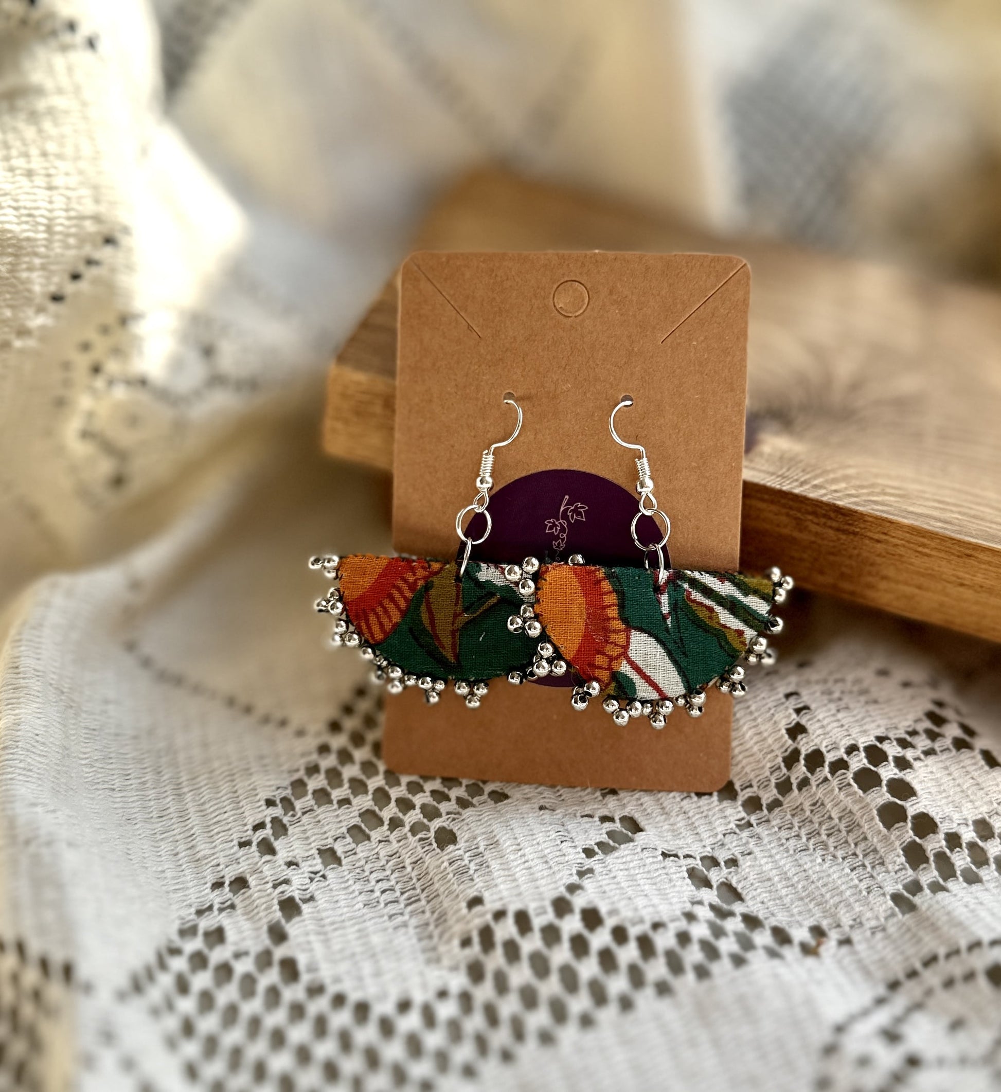 Green boho floral fabric earrings with silver findings