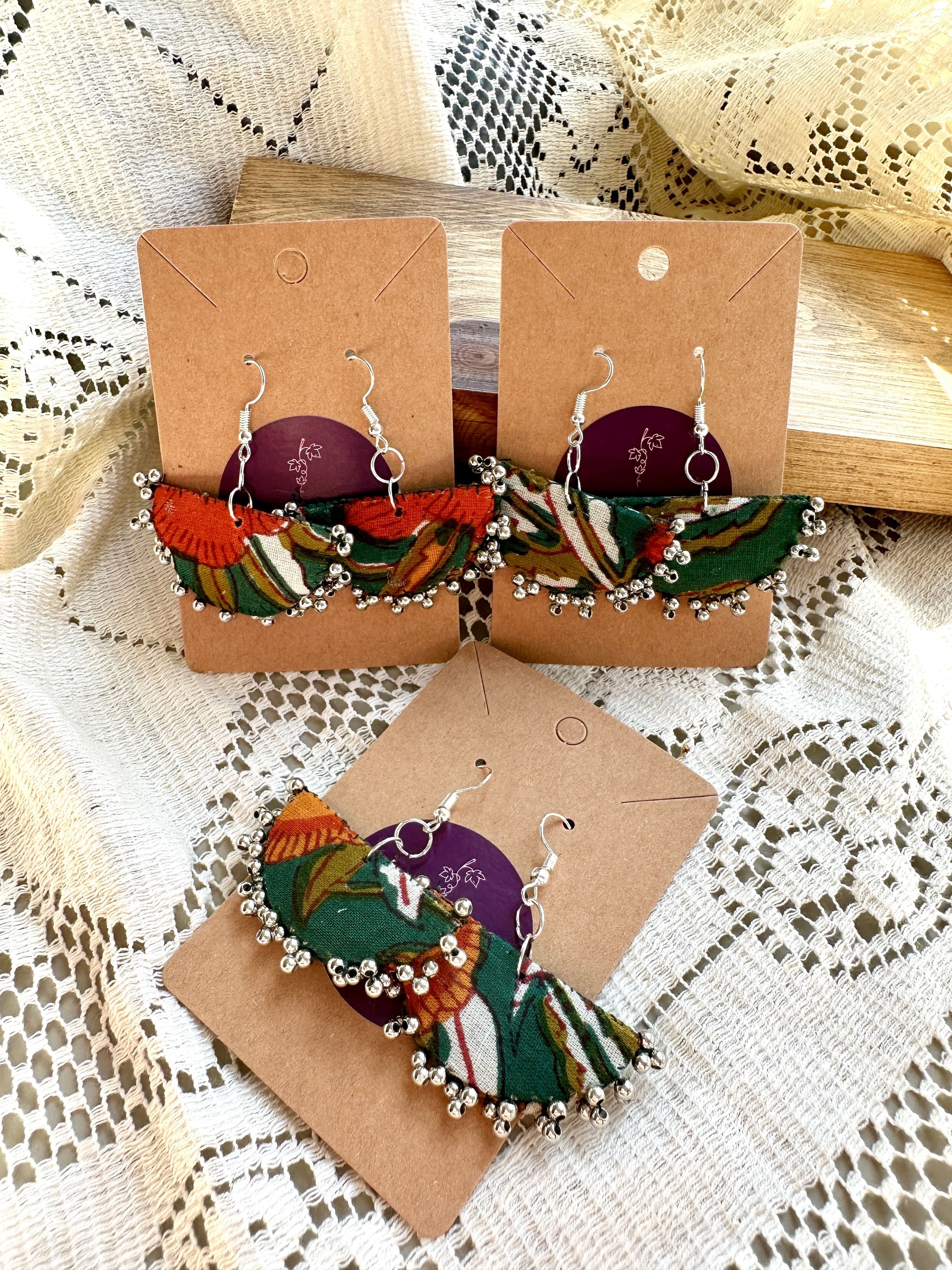 Green boho floral fabric earrings with silver findings