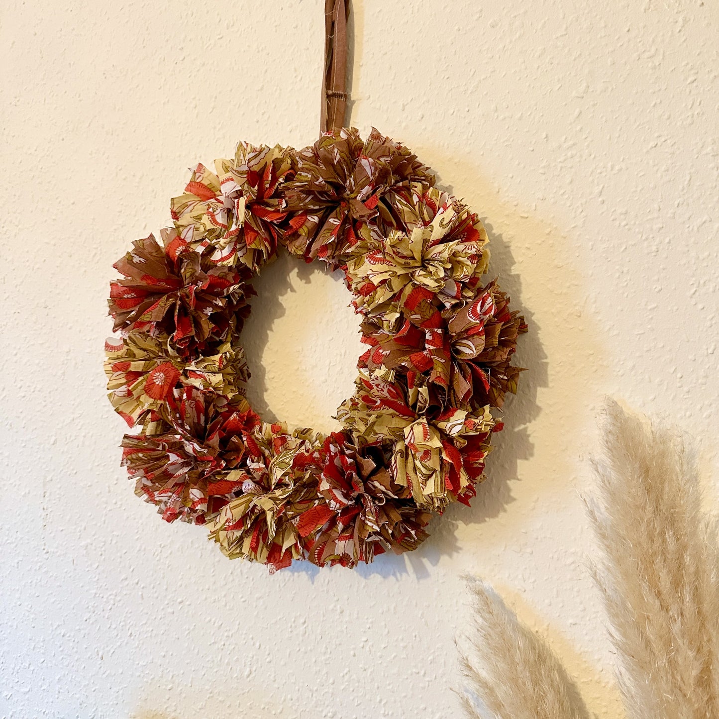 Brown/yellow cotton fabric rag wreath