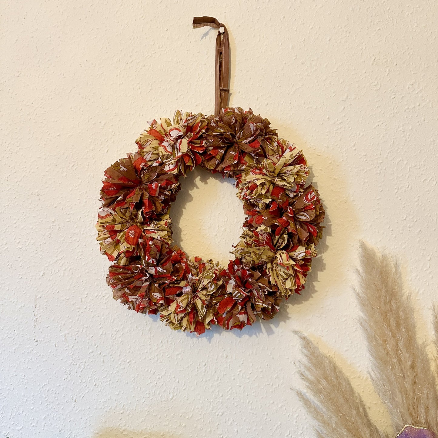 Brown/yellow cotton fabric rag wreath