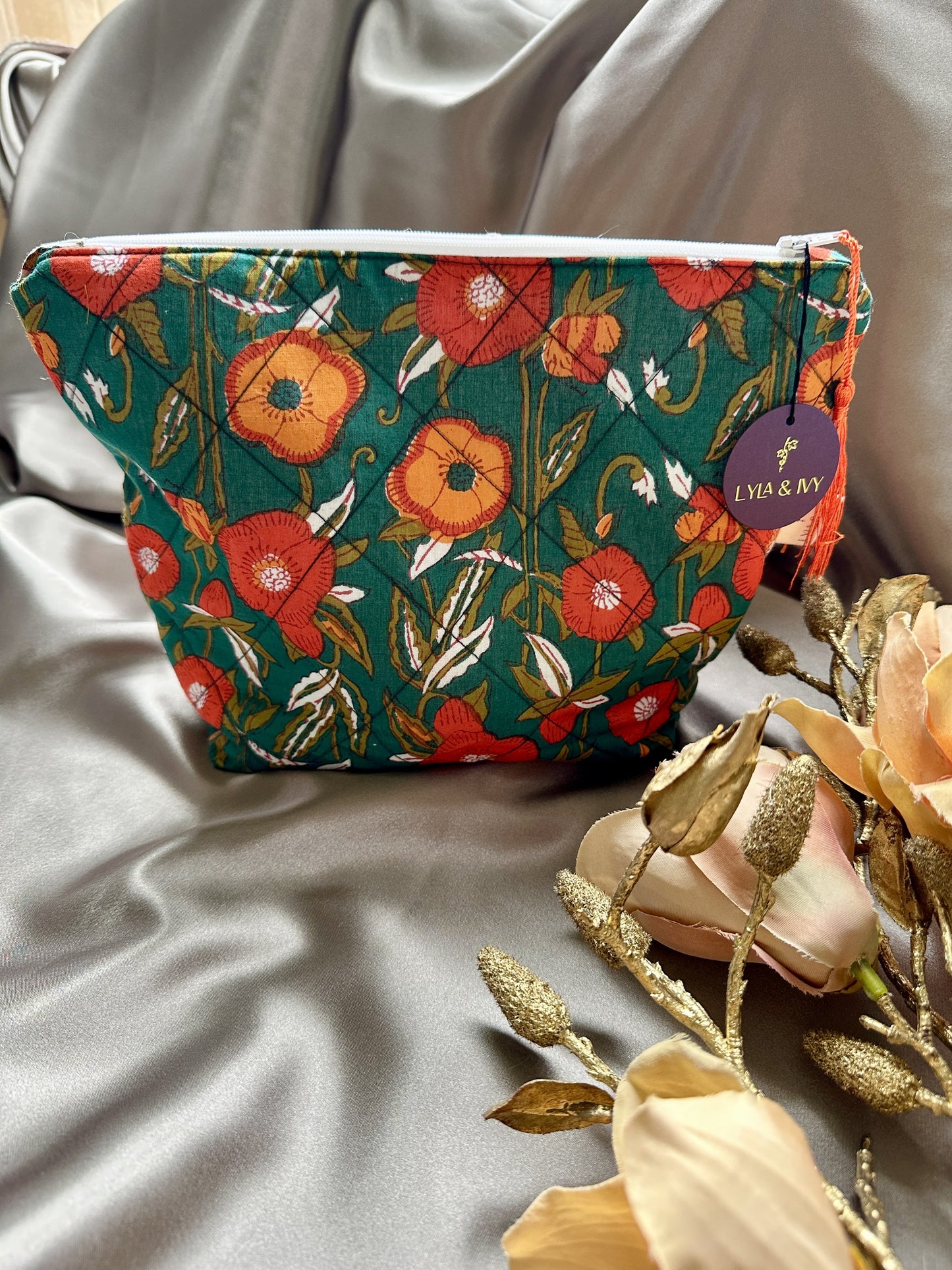 Green floral blockprint cotton wash bag