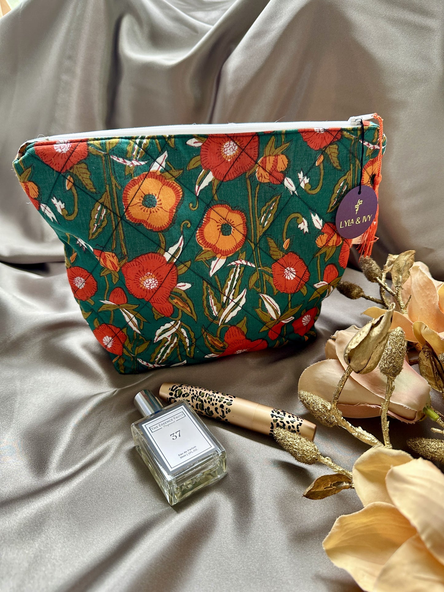 Green floral blockprint cotton wash bag