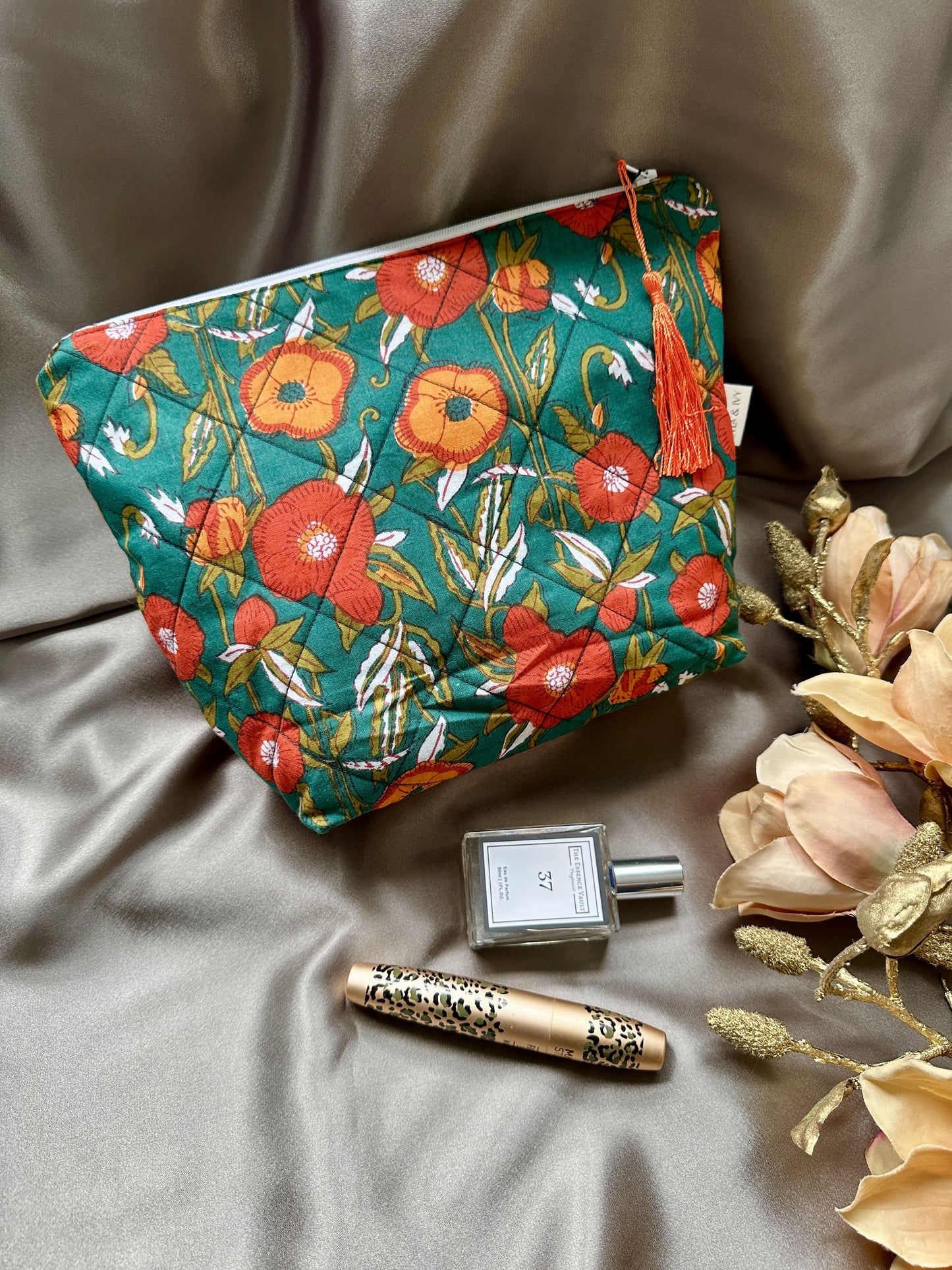 Green floral blockprint cotton wash bag