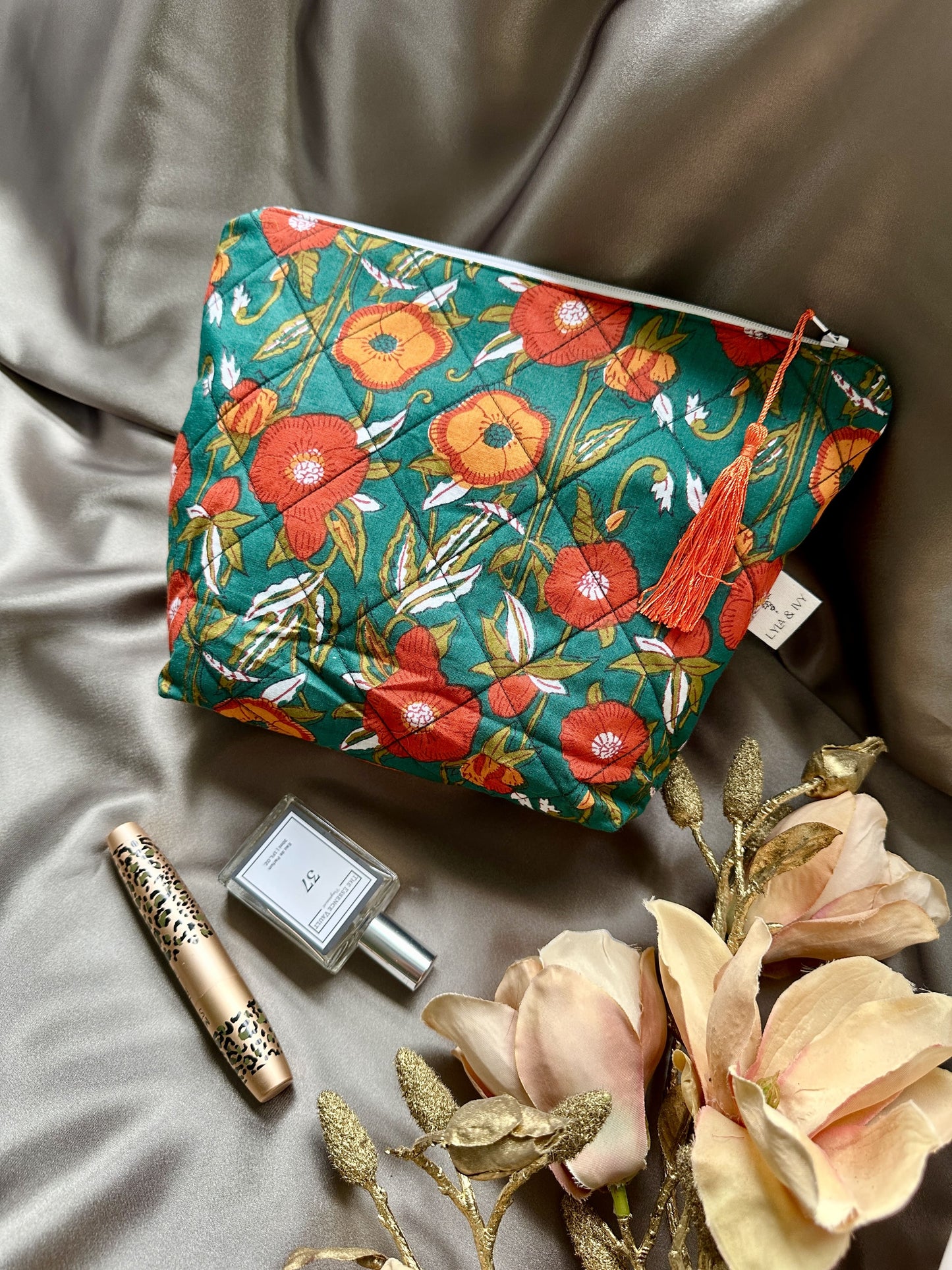 Green floral blockprint cotton wash bag