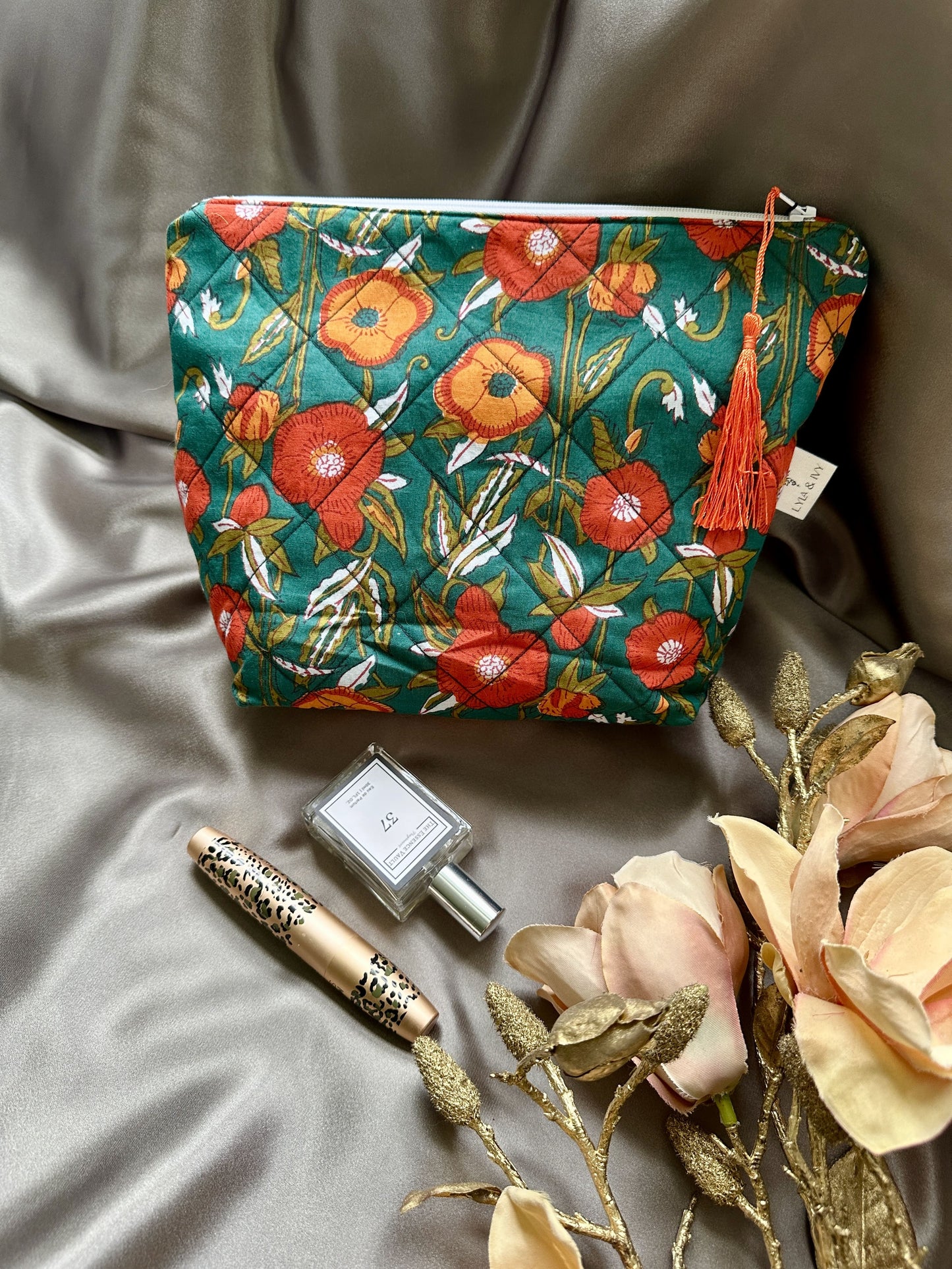 Green floral blockprint cotton wash bag