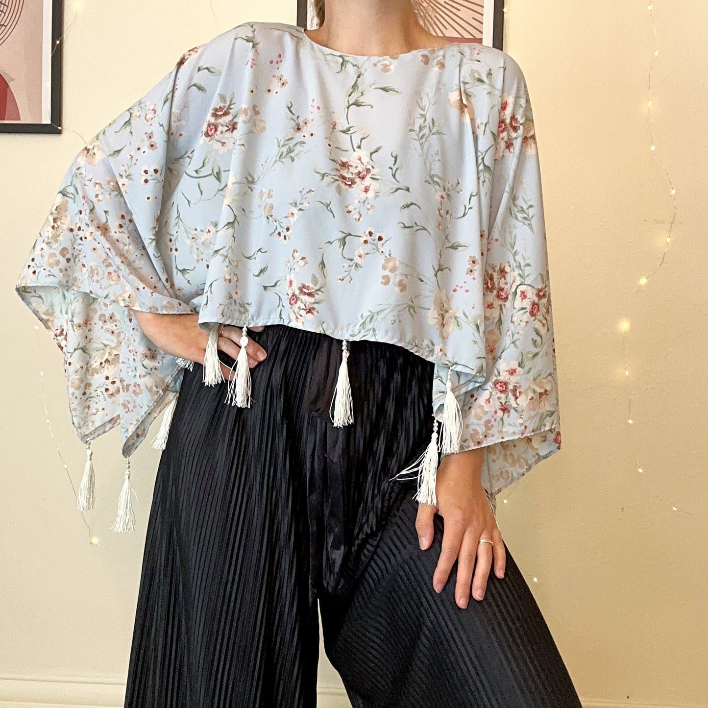 blue floral tassel top