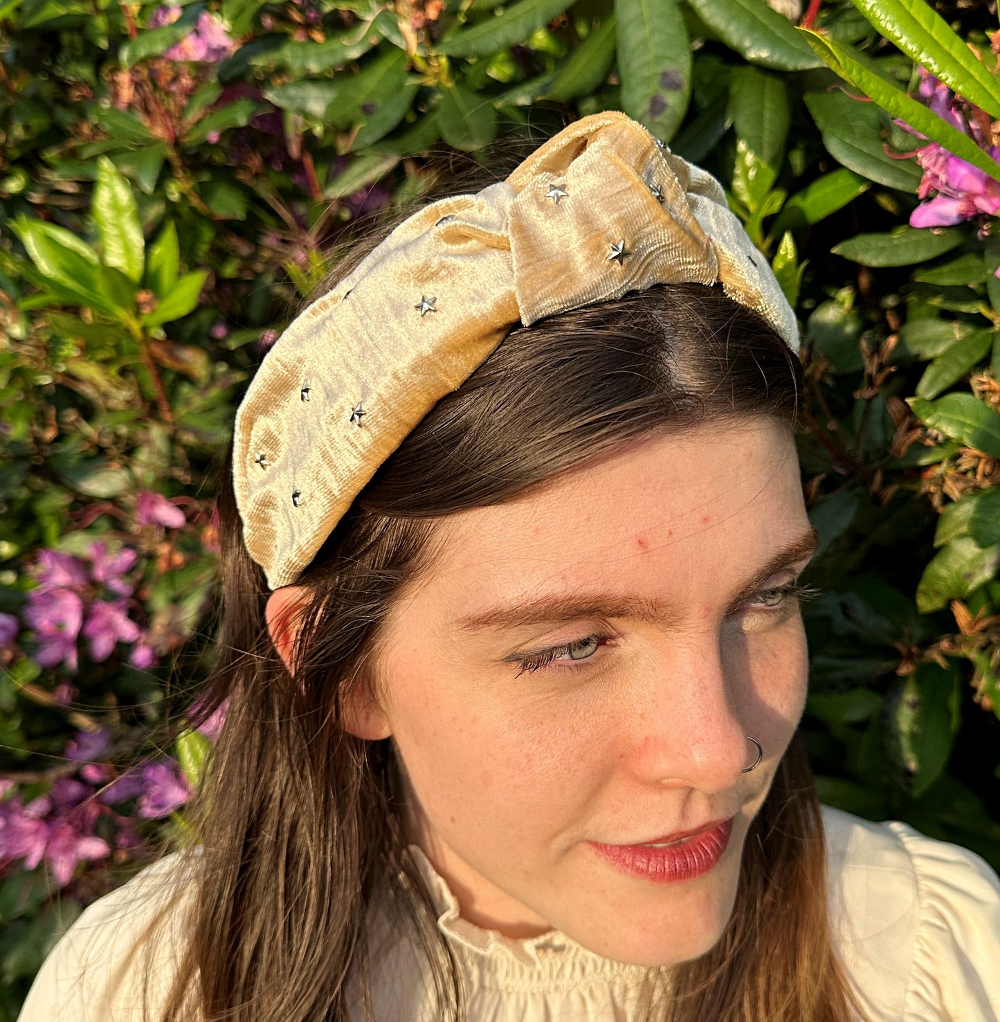 Gold velvet twist knot headband with star detail