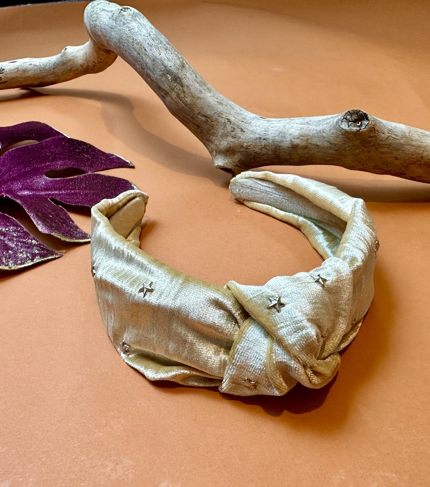 Gold velvet twist knot headband with star detail