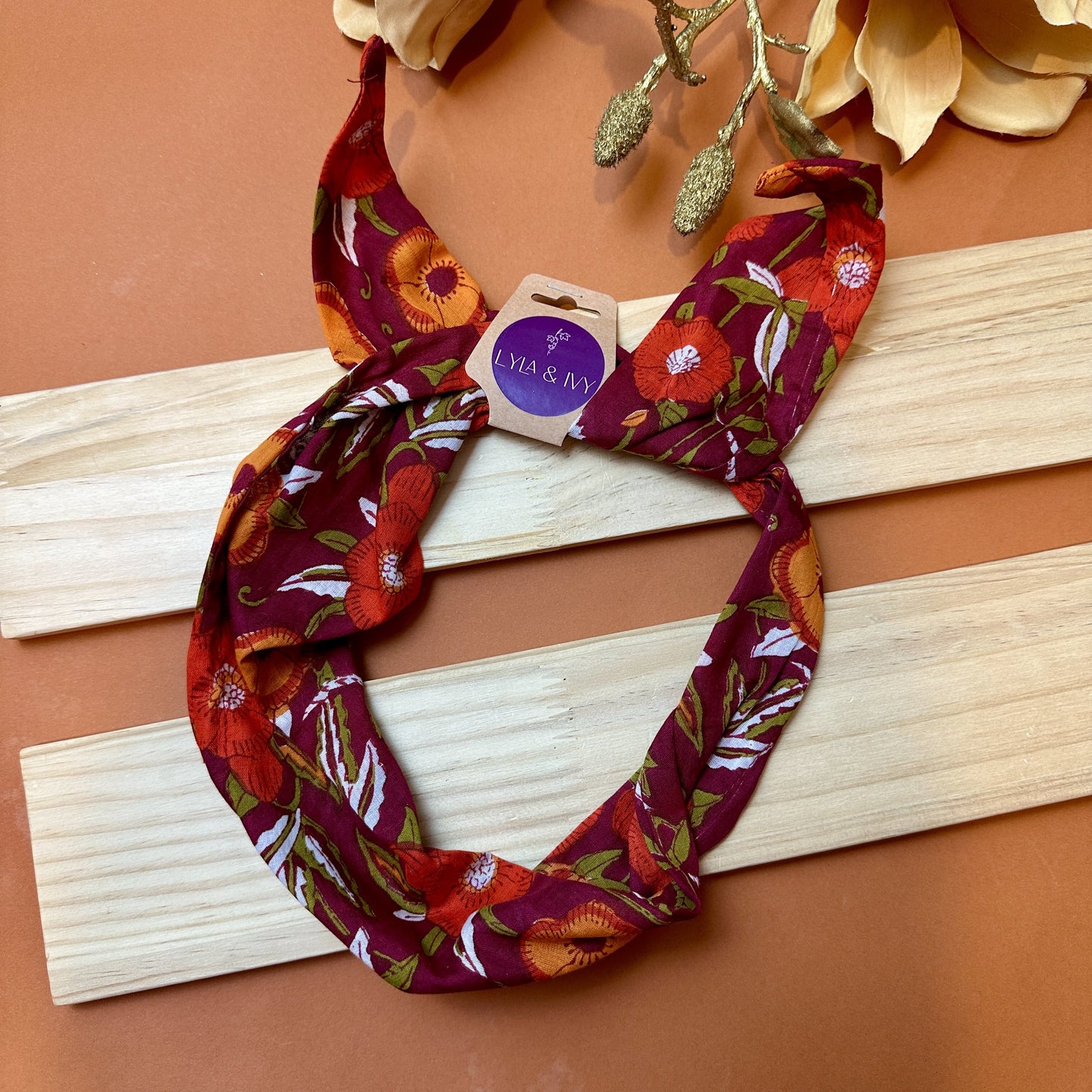 Red floral block print wire headband