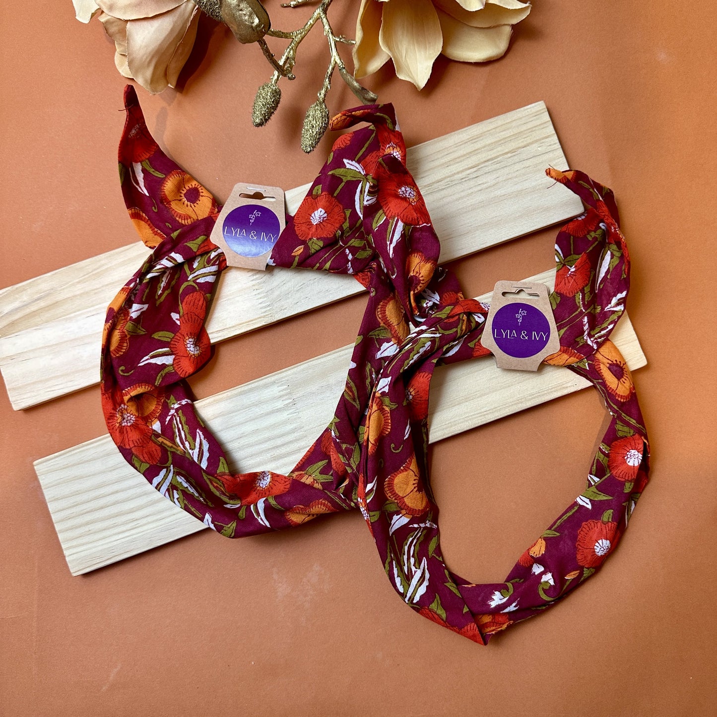 Red floral block print wire headband