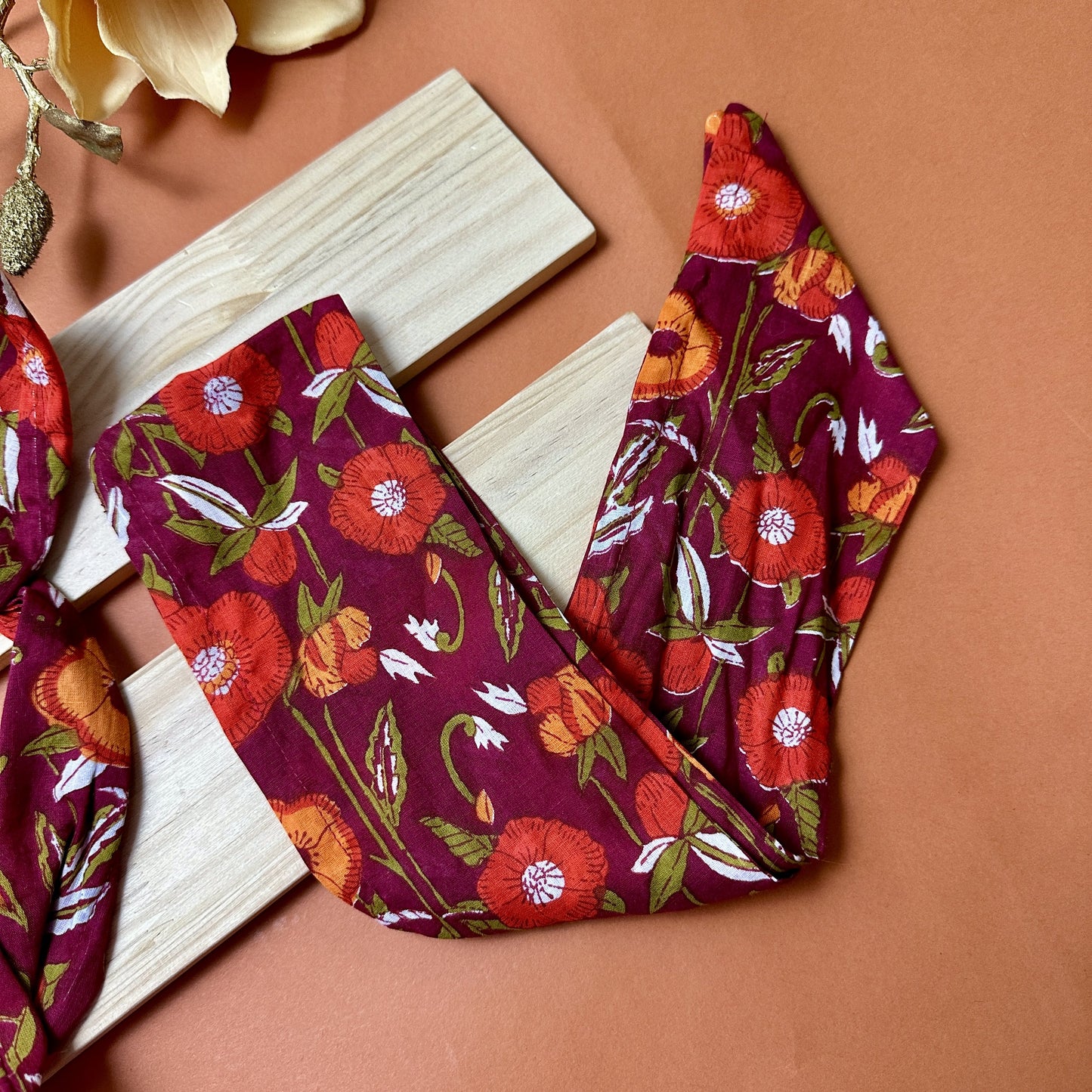 Red floral block print wire headband