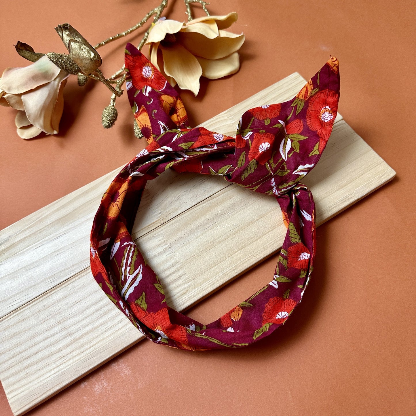 Red floral block print wire headband