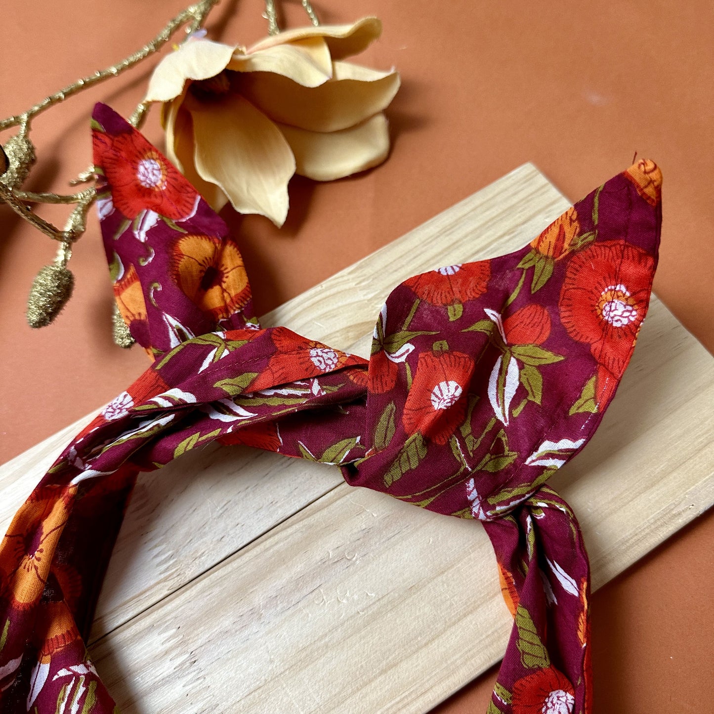 Red floral block print wire headband