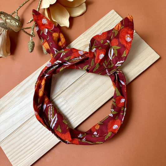 Red floral block print wire headband