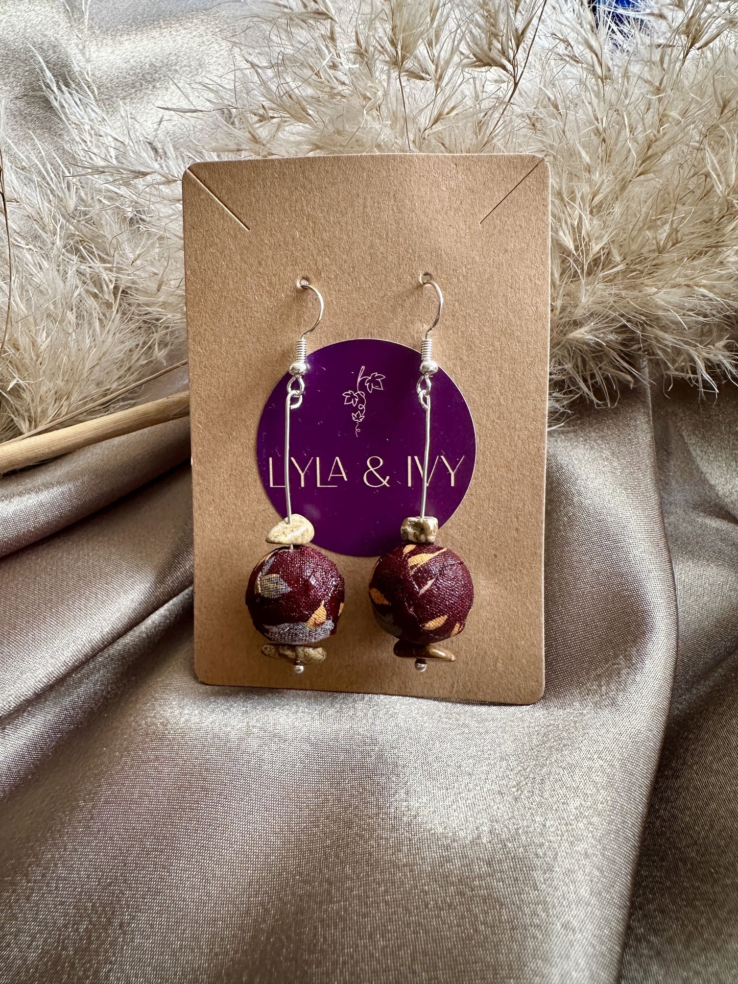 Zero waste fabric earrings - burgundy floral