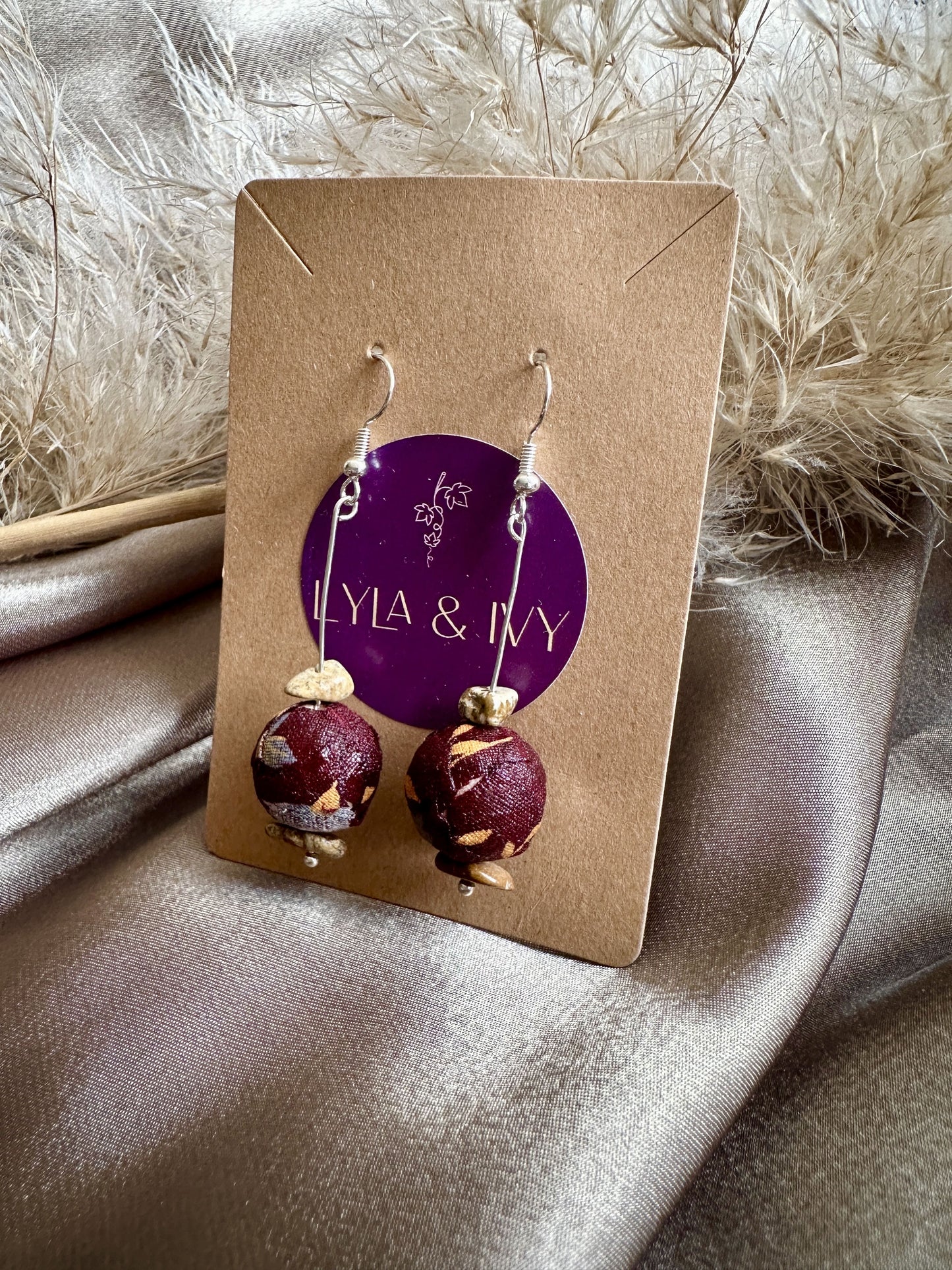 Zero waste fabric earrings - burgundy floral