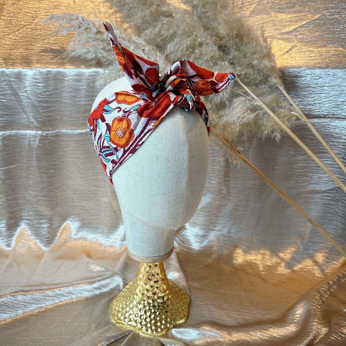 Wired floral block print headband - white/orange